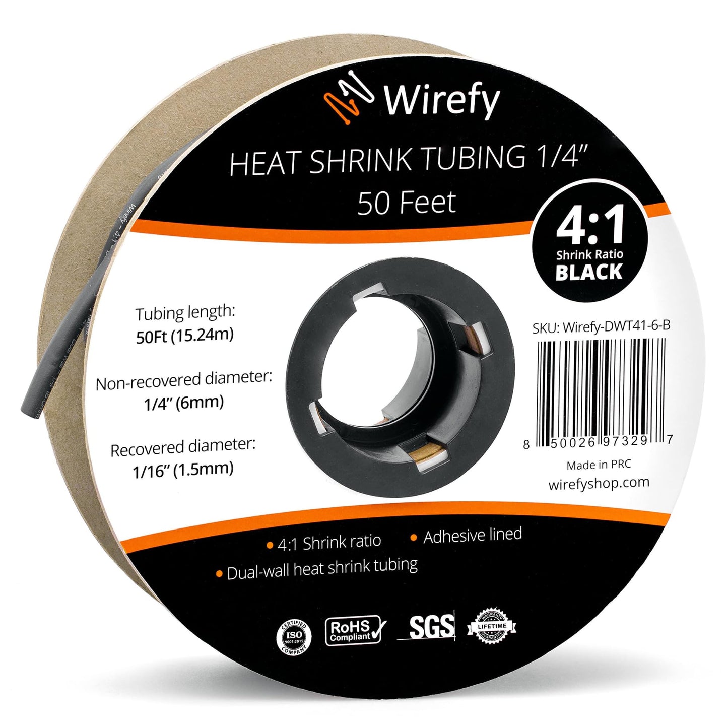 Wirefy Heat Shrink Tubing 1/4 Inch Black - 4:1 Ratio - Adhesive Lined Heatshrink Tubing - Heat Shrink With Glue - 50 Feet Roll - Black | Heavy Duty Heat Shrink Tubing, 1/4 Inch Heat Shrink Tubing