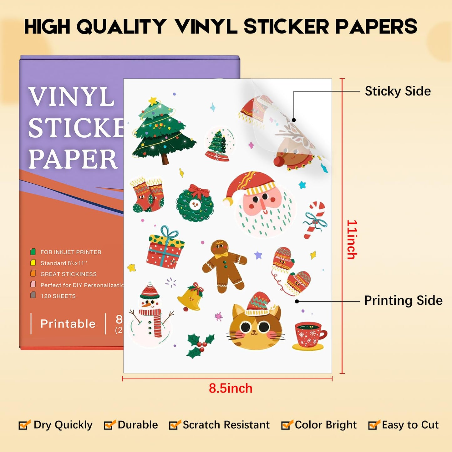 Aevdor 120 Sheets Premium Printable Clear Vinyl Sticker Paper for Inkjet Printer, 8.5x11" Transparently Vinyl Sticker Paper Waterproof, Dries Quickly, Vivid Colors, Great for Cutting Machines