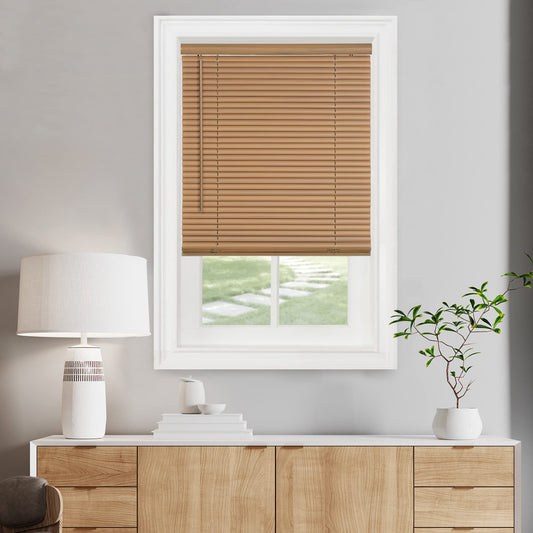 Cordless Light Filtering Mini Blind - 48 Inch Width, 64 Inch Length, 1" Slat Size - Woodtone - Cordless GII Morningstar Horizontal Windows Blinds for Interior by Achim Home Decor