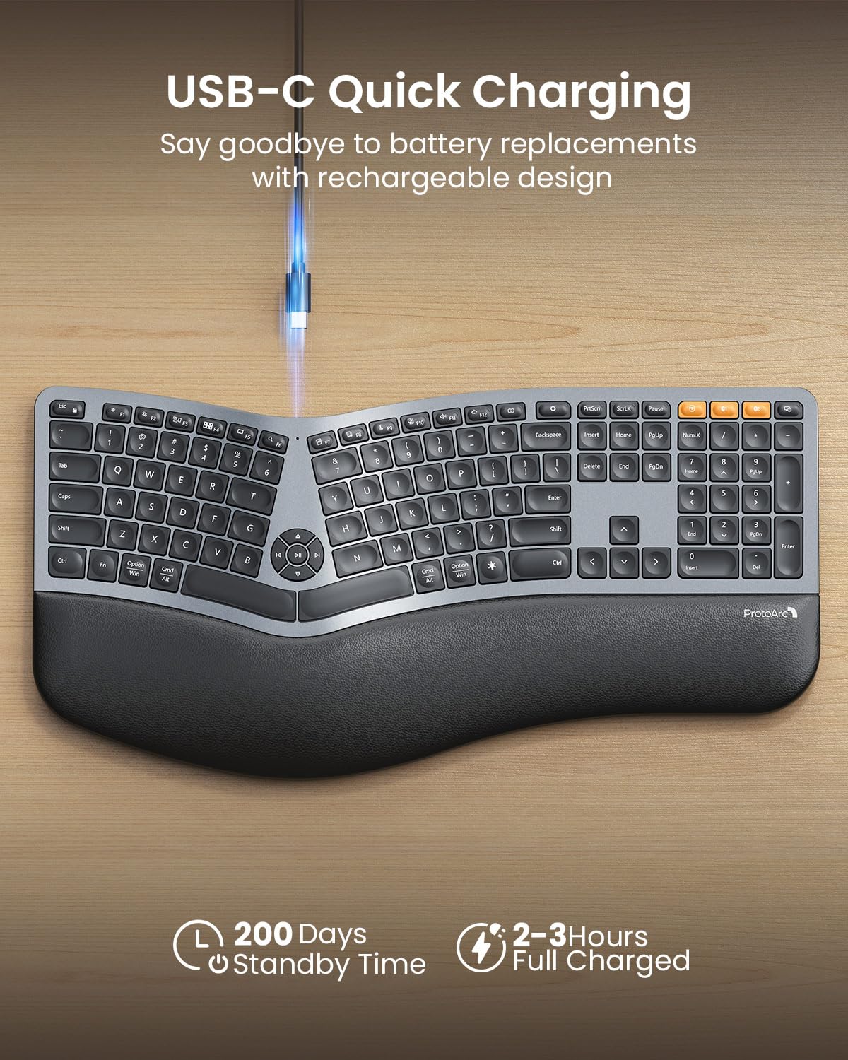 ProtoArc Backlit Bluetooth Ergonomic Keyboard, EK01 Plus Full Size Wireless Split Keyboard with Dual Bluetooth and USB, Cushioned Wrist Rest, Rechargeable, Compatible with Windows/Mac/Android, Grey