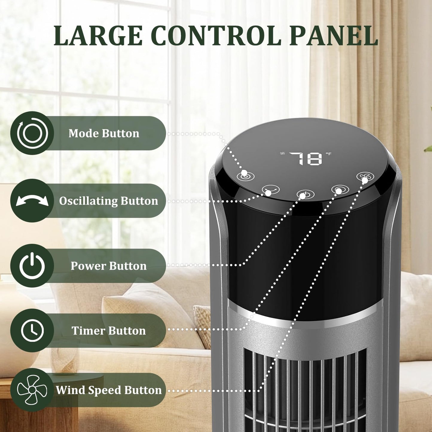 Tower Fan for Bedroom, Bladeless Cooling Fan with Remote, 60° Oscillating Standing Fan with 28dB Quiet for Sleep, 12H Timer, 5 Speeds 4 Modes, LED Display, 20ft/s Velocity Floor Fan for Indoor Use