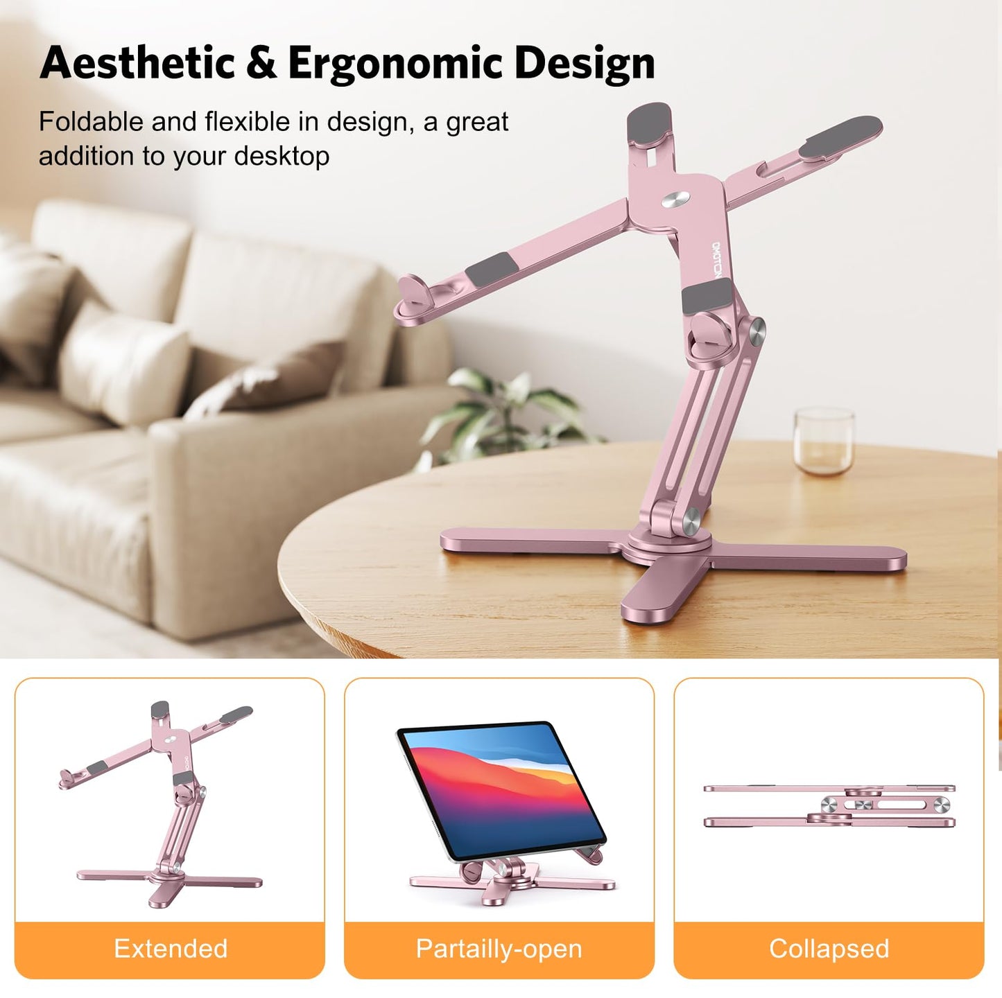 OMOTON 360° Rotating Laptop Stand Riser for Desk, Ergonomic Foldable Computer Stand Adjustable Height Angles for Collaborative Work, Easy Storage Fit Macbooks,All Laptops up to 16 inches, Pink