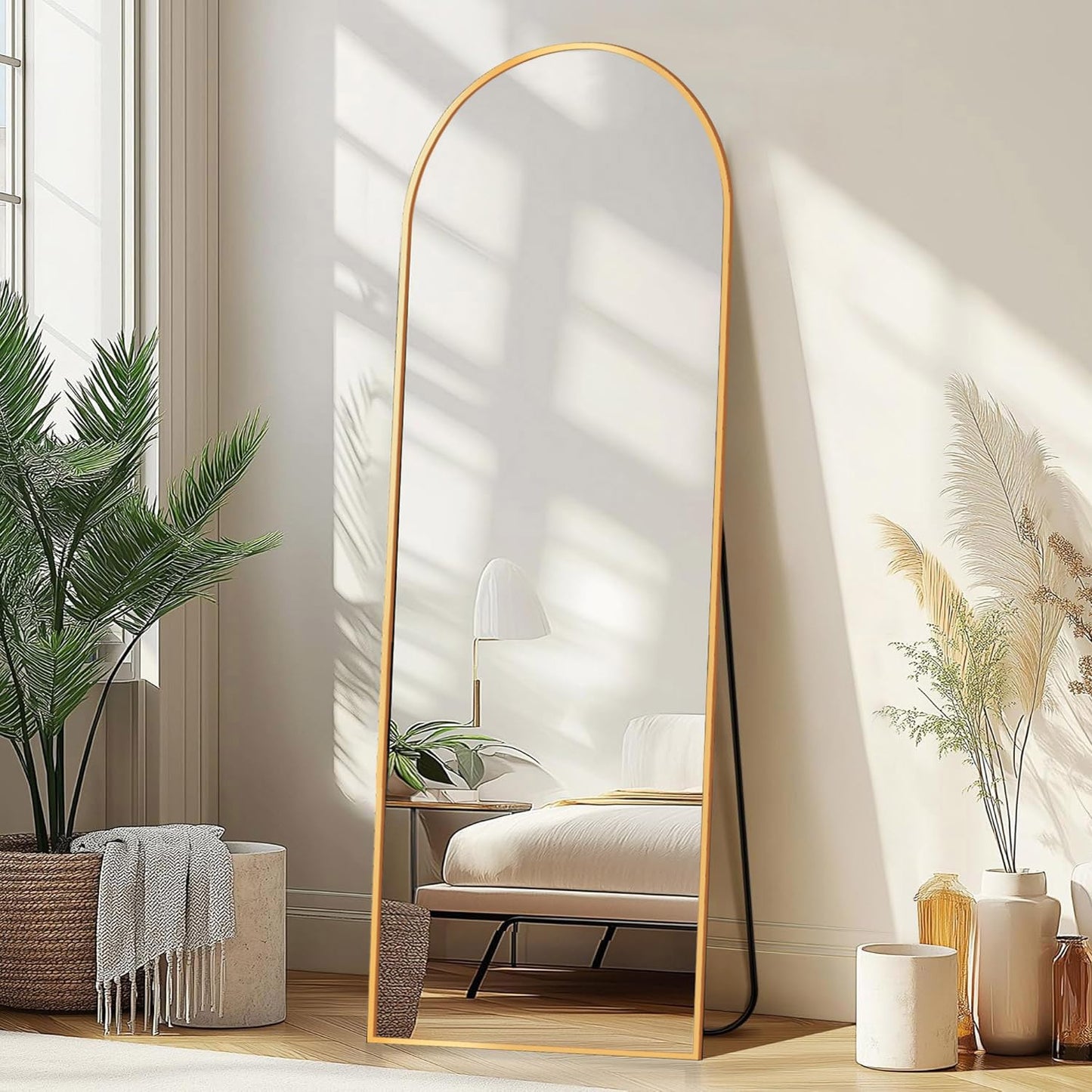 DMWOODFL 58"x18" Arched Full Length Mirror - Floor Standing or Wall Mounted with Stand, Aluminum Frame & Shatter-Proof Glass, Gold Freestanding Mirror for Bedroom, Living Room, Entryway Decor