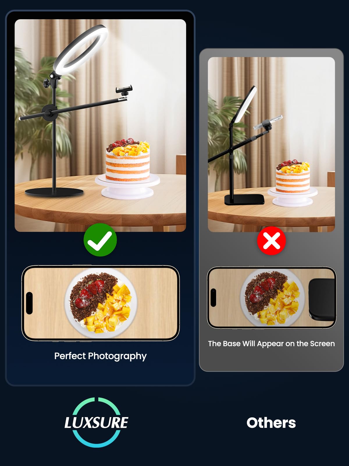 LUXSURE Ring Light for Desk with Stand,Overhead Camera/Phone Mount with 10.5" Ring Lights for iPhone,Phone Tripod with Light Adjustable Lighting for Video Recording,Cooking,Live Stream,Content Creator