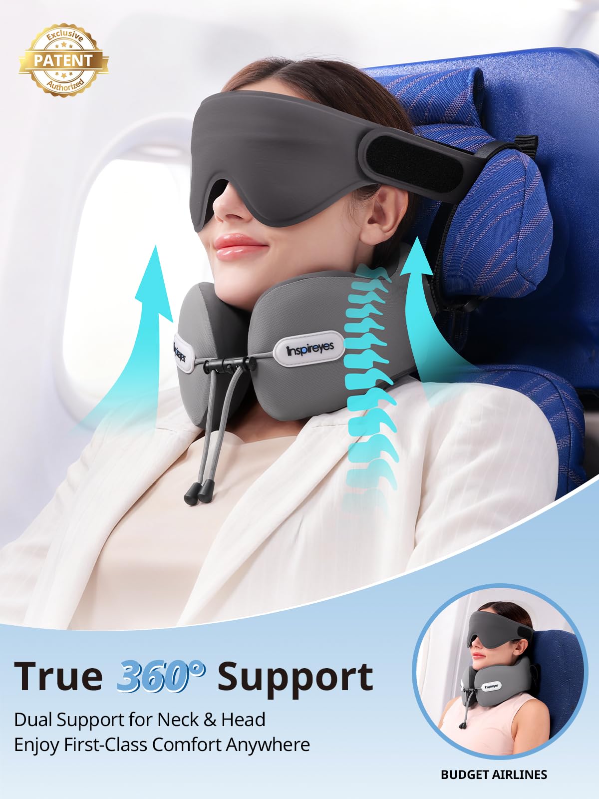 Inspireyes Neck Pillow, Travel Pillow with Seat Strap, 3D Sleep Mask, Dual Support Neck Head, High Supportive Foam Airplane Pillow for Long Flight, Stop Bobblehead Travel Essential, Light Grey