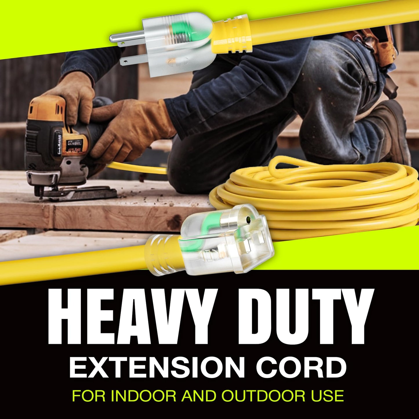 50ft Outdoor/Indoor Extension Cord 10/3 Gauge Ultra Heavy Duty 3 Prong SJTW, Waterproof, Flexible Cold-Resistant Long Power Cord,15A 125V 1875W, Yellow by LifeSupplyUSA