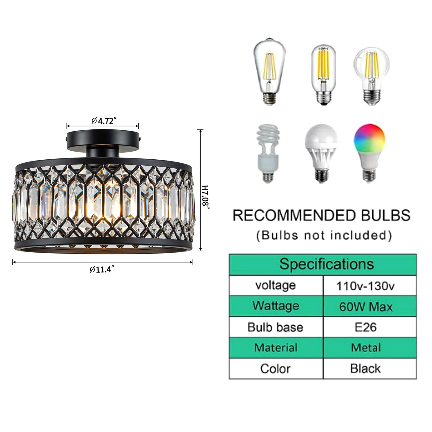 Rpzloila Crystal Ceiling Light Fixture, Modern Flush Mount Ceiling Light, Black Crystal Chandelier for Kitchen Bedroom Bathroom Entryway Hallway