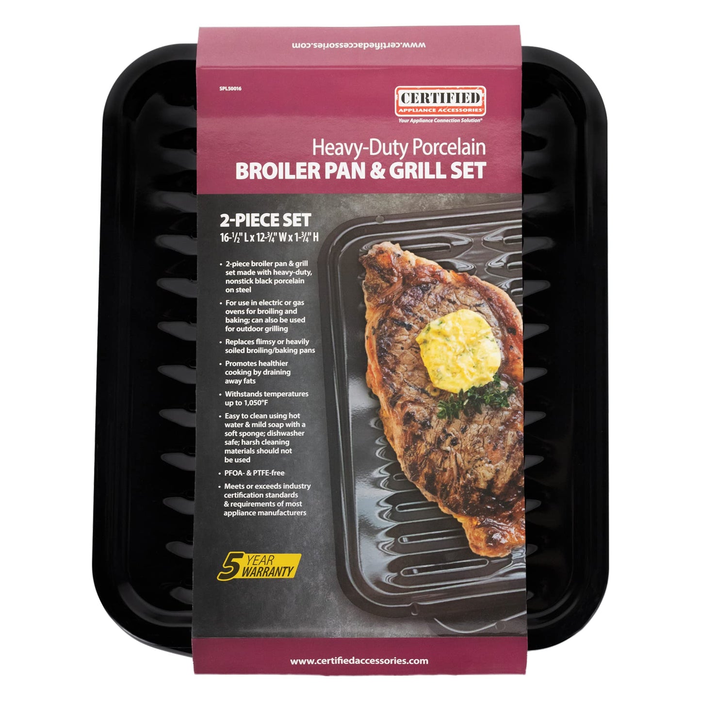 Certified Appliance Accessories Large 2-Piece Broiler Pan & Grill Set Porcelain-on-Steel 16-1/2"x12-3/4"x1-3/4", Universal, Whirlpool, Broiler Pan for Oven, Black