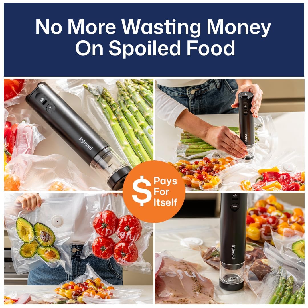 VacuSeal Handheld Vacuum Sealer for Food (15 Bags Included) - Rechargeable, Portable Cordless Food Vacuum Bag Sealer Machine, One-Touch, Compact Mini Seal for Storage, Sous Vide & Freezer Preservation