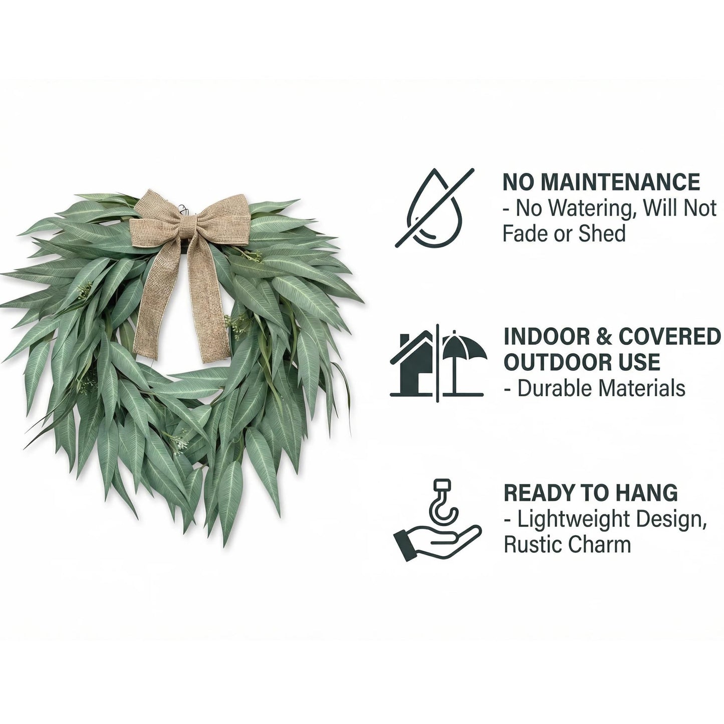 Heart Shaped Artificial Eucalyptus Wreath 20 Inch – Faux Willow Leaves with Burlap Bow, Farmhouse Greenery Door Wreath for Front Door, St. Patrick’s Day, Wedding & Seasonal Home Decor