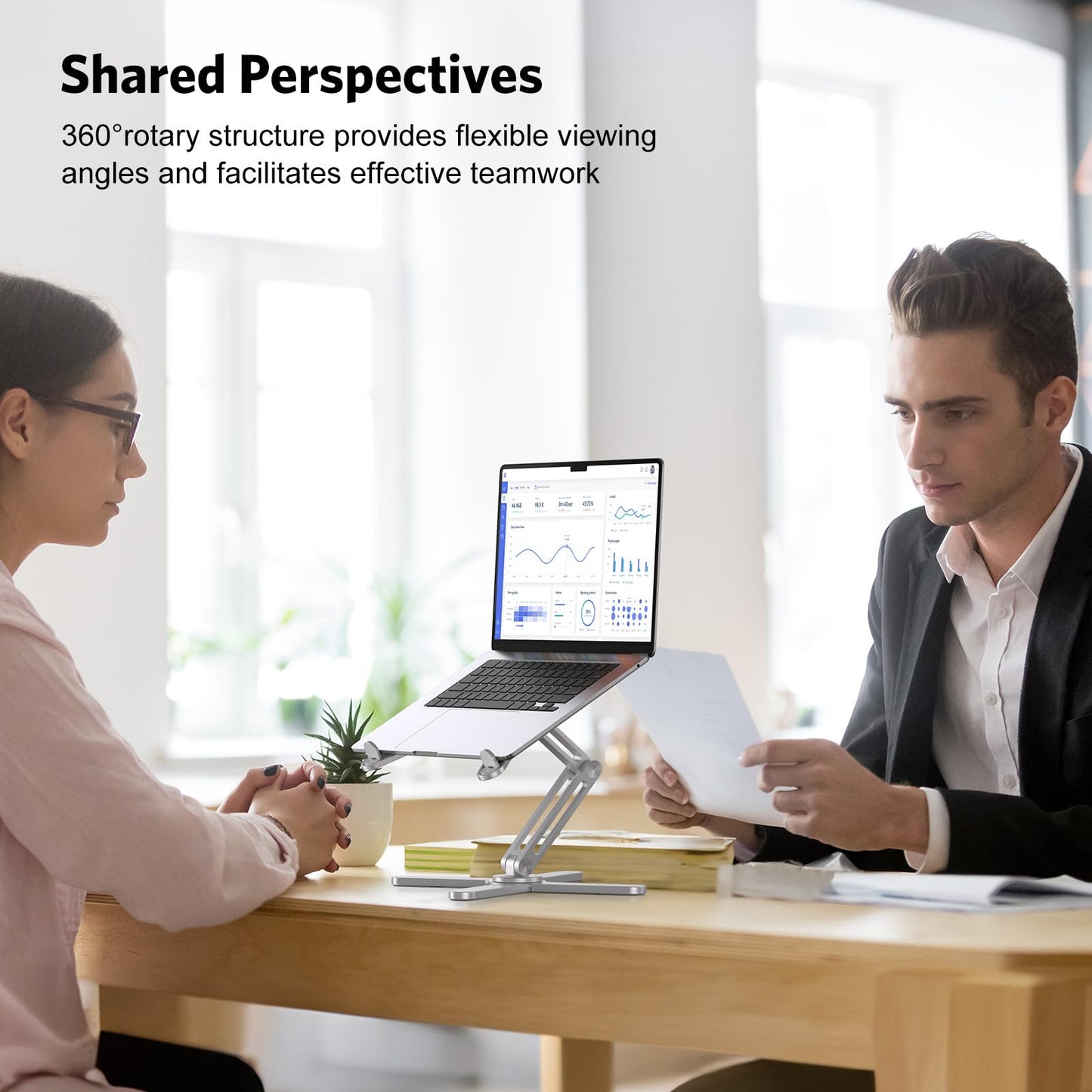 OMOTON 360 Rotating Laptop Stand Riser for Desk, Ergonomic Foldable Computer Stand Adjustable Height Angles for Collaborative Work, Easy Storage Fit Macbooks,All Laptops up to 16 inches, Silver