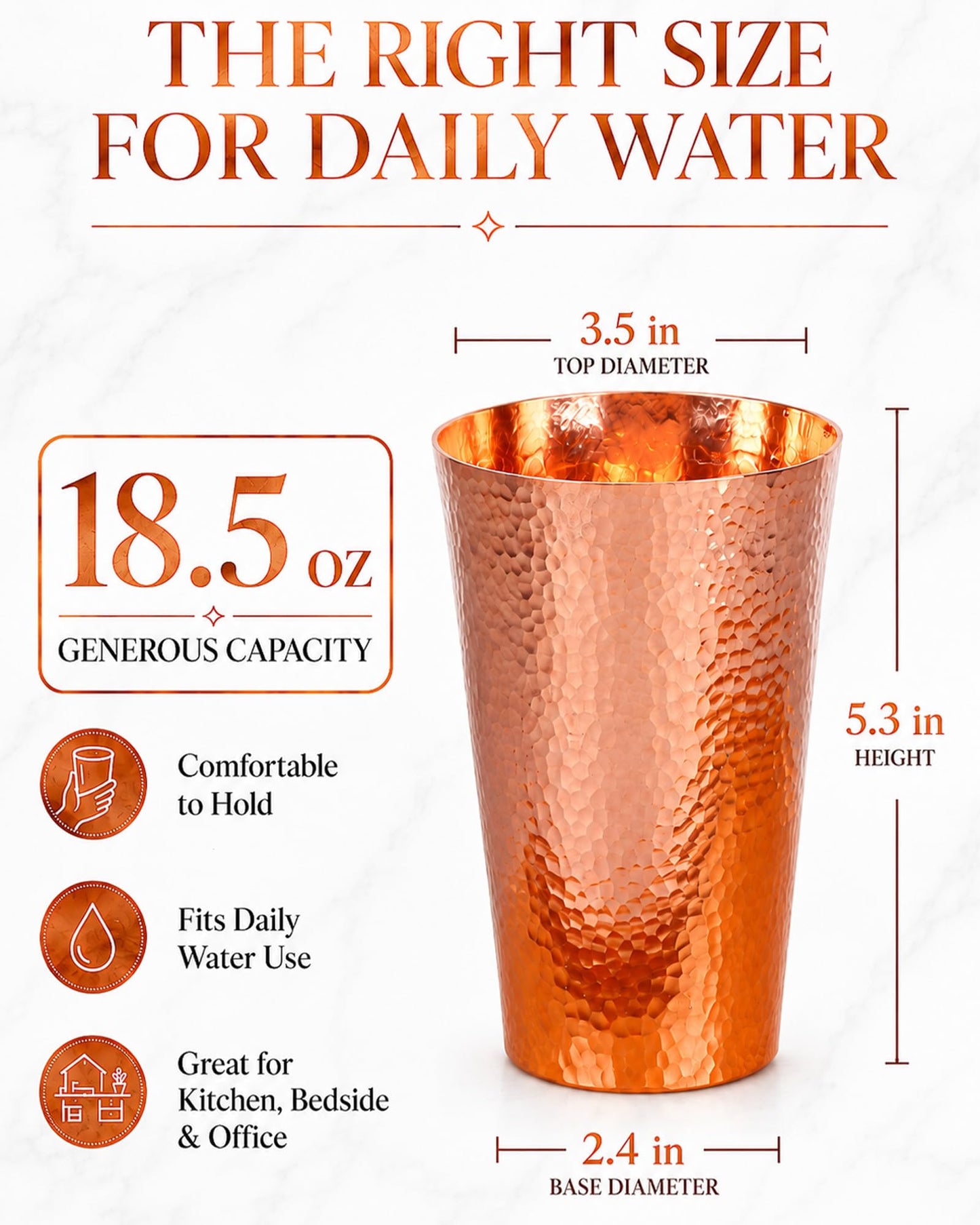 CigeZaus 18.5 Ounce Pure Copper Cups for Drinking, 100% Copper Heavy Tumbler for Decorations, Hammered