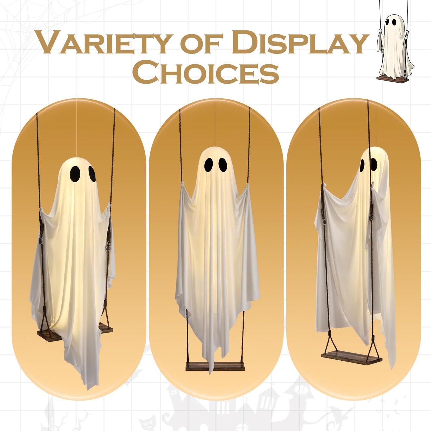 HKBAYI Halloween Decorations Outdoor - 5FT Large Hanging Ghost Swing with Remote Control String Lights & Upgraded Sheet, Scary Ghost Halloween Party Decor Outside for Tree Porch Yard Garden Lawn