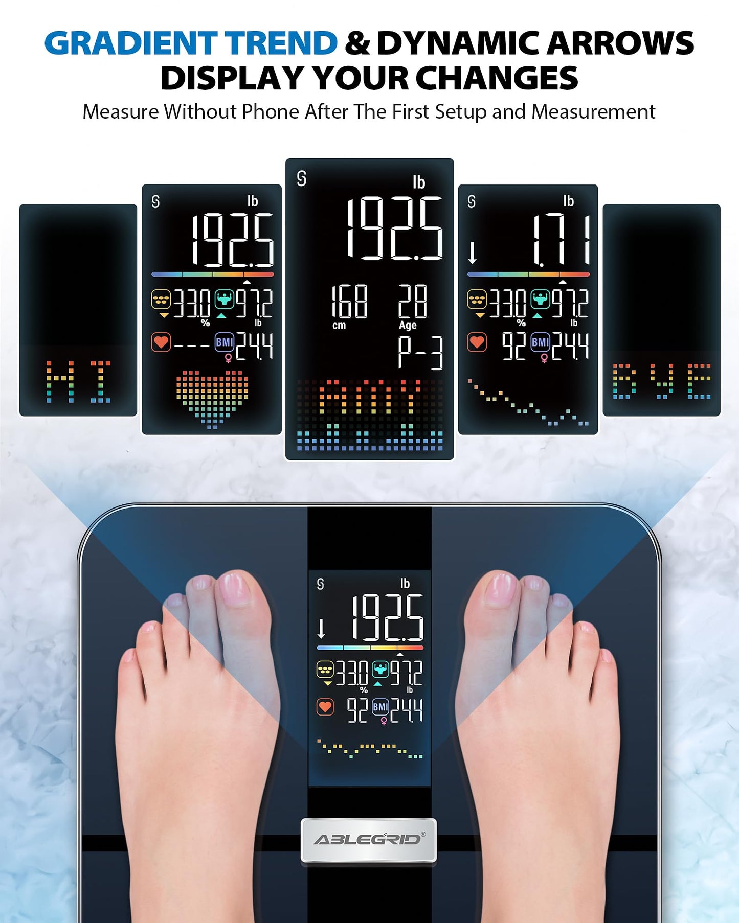 ABLEGRID Smart Body Fat Scale, Rechargeable Digital Bathroom Scale for Body Weight, Gradient Trends and Difference in Change Display, 22 Body Metrics, BMI, Muscle Mass, Heart Rate, Water Weight, 400lb