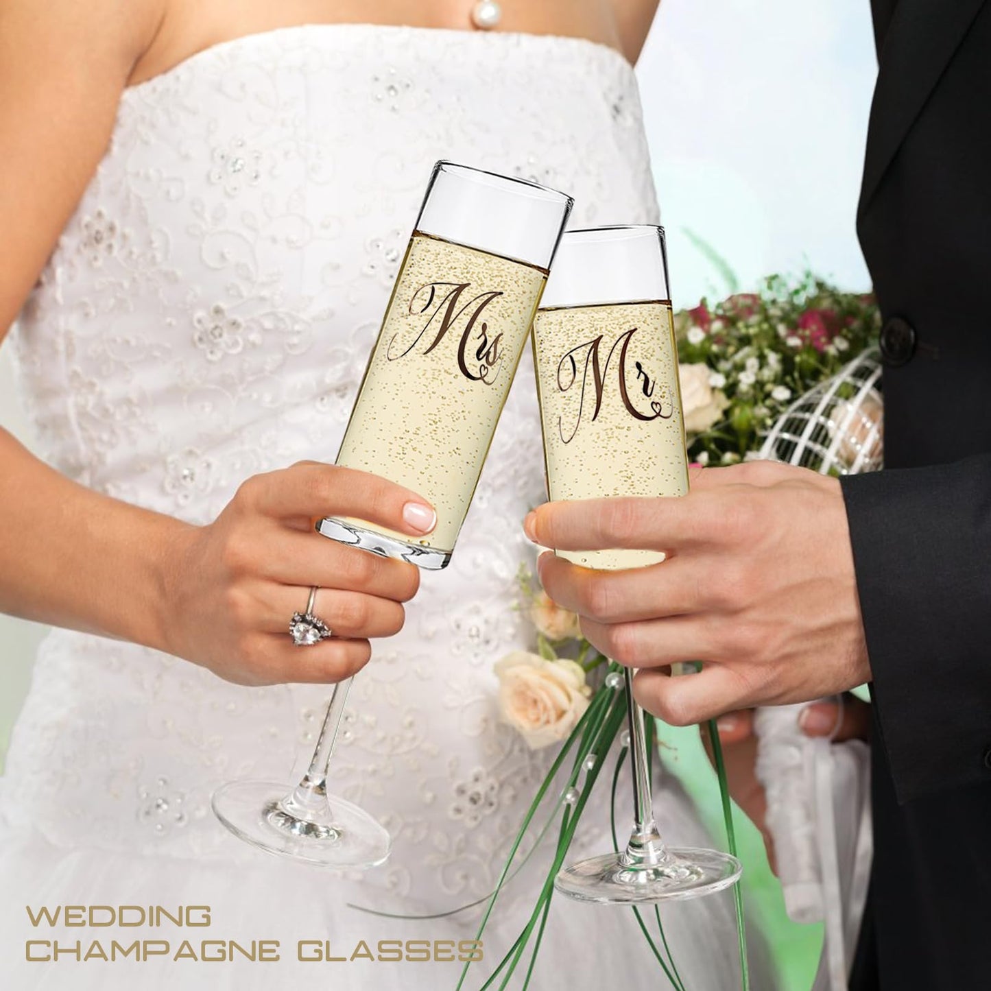 Yeegook Wedding Gifts for Bride and Groom, Mr and Mrs Champagne Flutes, Bridal Shower Gifts, Engagement Gift, Wedding Toasting Glasses with Cake Cutting Set for Wedding Anniversary Engagement