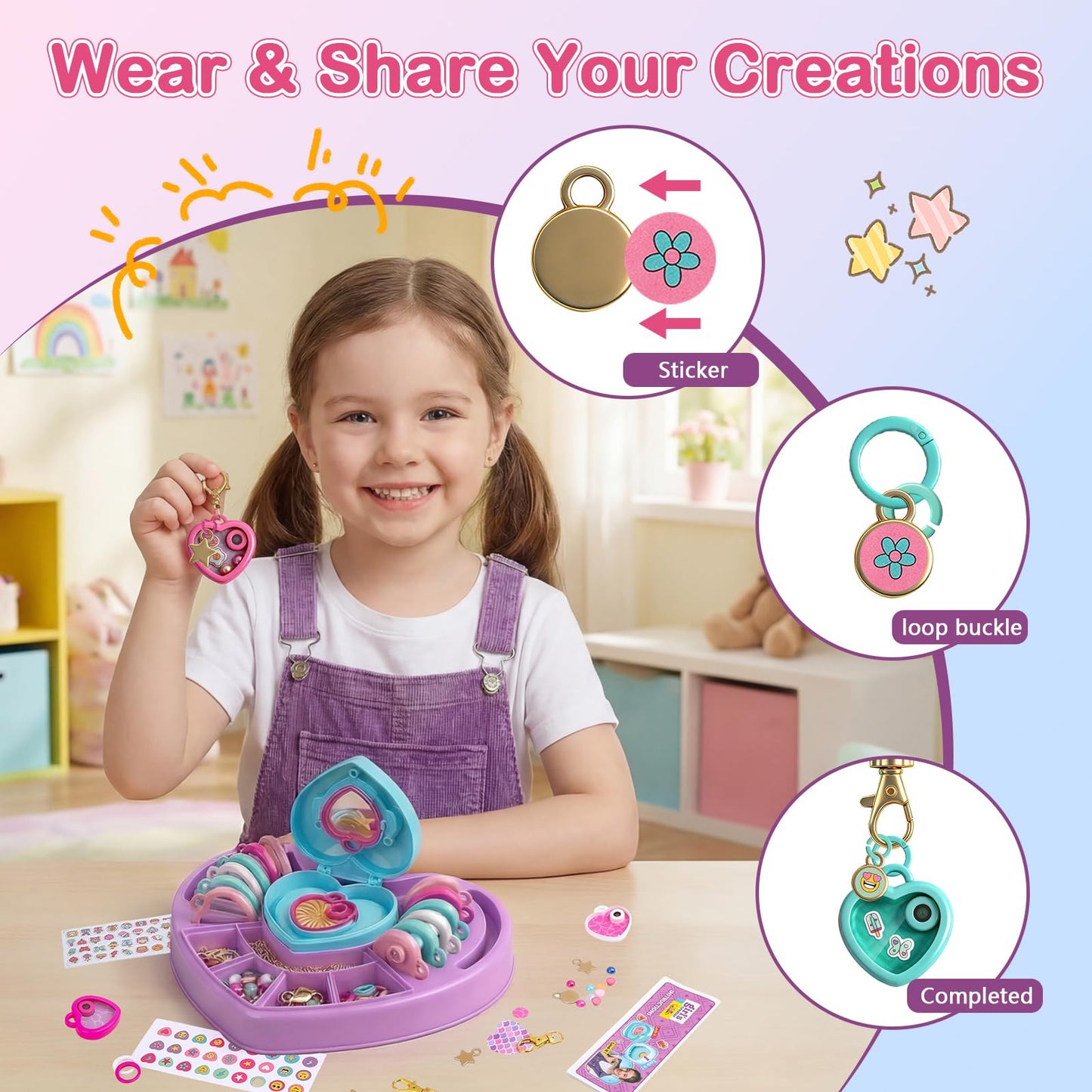 DIY Heart Locket Keychain Making Kit with Magic Zoom Beads, Gifts for Girls Ages 5 6 7 8 9 10, Toys for Girls Bag Charms Craft Set for Backpacks, Purses, Handbags, Valentines Party Favors Classroom