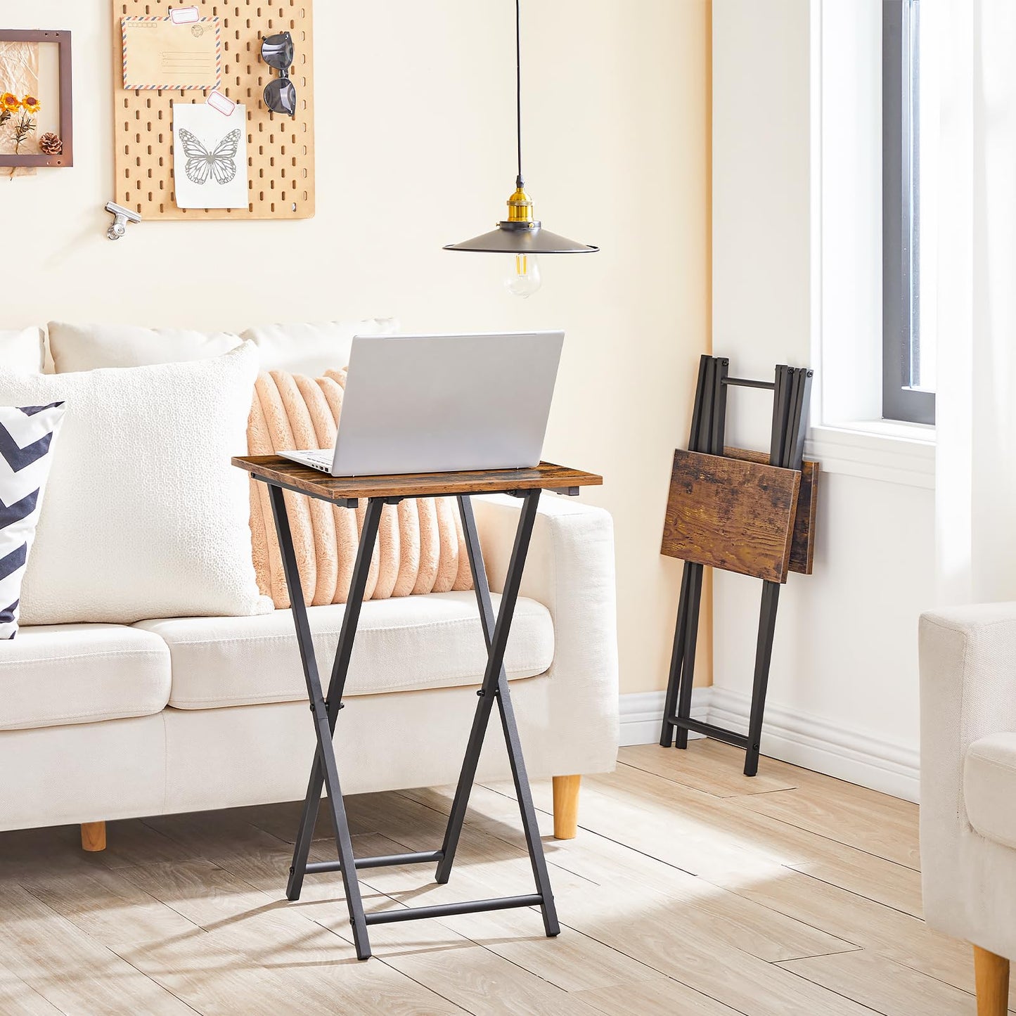 HOOBRO Folding TV Tray Table, Wooden TV Tray, Portable Sofa Side Table, Industrial Snack Table End Table for Small Spaces, Space-Saving, Easy to Install and Fold, Rustic Brown and Black BF27BZ01