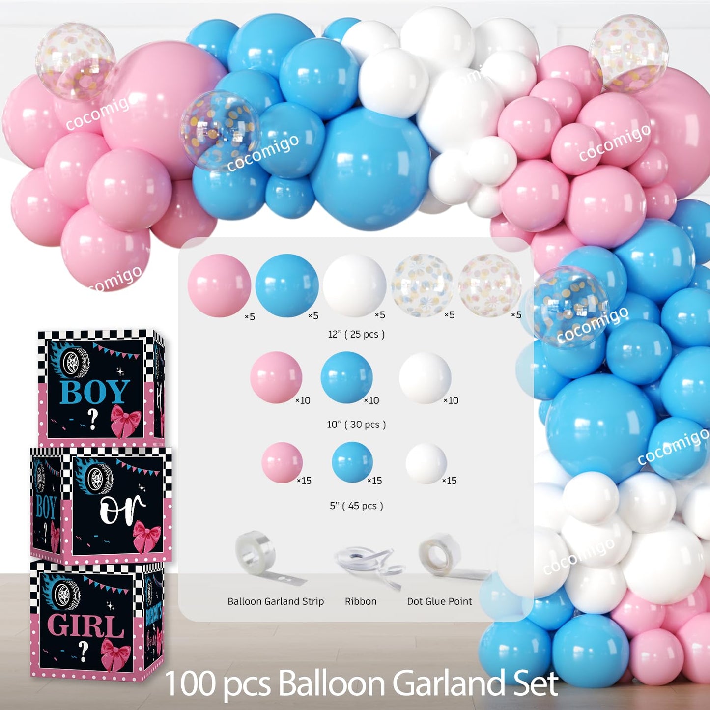 Cocomigo 287pcs Burnouts or Bows Gender Reveal Decorations, One-stop Baby Gender Reveal Decorations Include Burnouts or Bows Plates Backdrop Tablecloths Balloon and Stickers