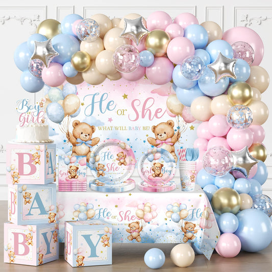 cocomigo 232pcs Bear Gender Reveal Decorations Complete Party Set, Serves 20 Guests, He or She Baby Gender Reveal Decorations, Boy or Girl Revelacion de Sexo de Bebe