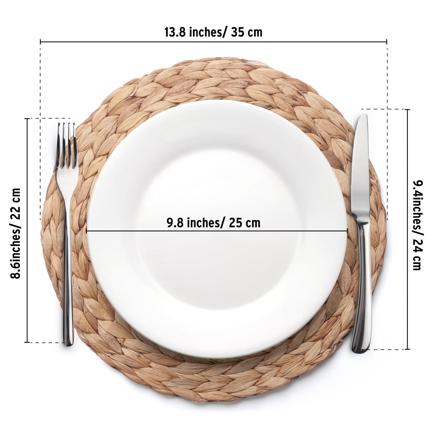 6 Pack, Round Woven Placemats, Natural Water Hyacinth Wicker Place mats, Braided Straw Table Mats for Dining Table, Fall, Halloween, Thanksgiving, Chrismats (13.8 inch)