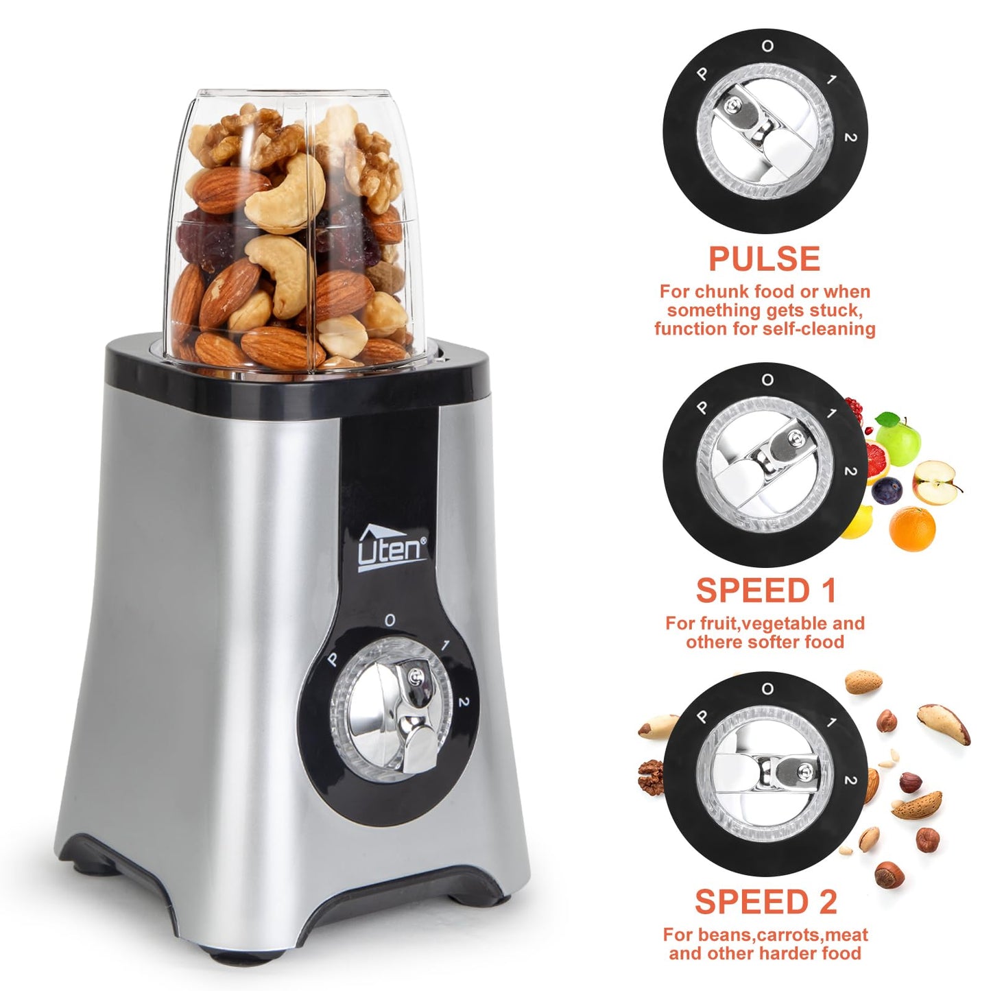 Uten 5-in-1 Smoothie Blender 42 oz/1.25L, Multi-Functional Mixer, Smoothie Maker, Juicer, Grinder with 304 Stainless Steel Blades, BPA-Free, Dishwasher Safe, Includes 3 Blender Cups & 2 Travel Bottles