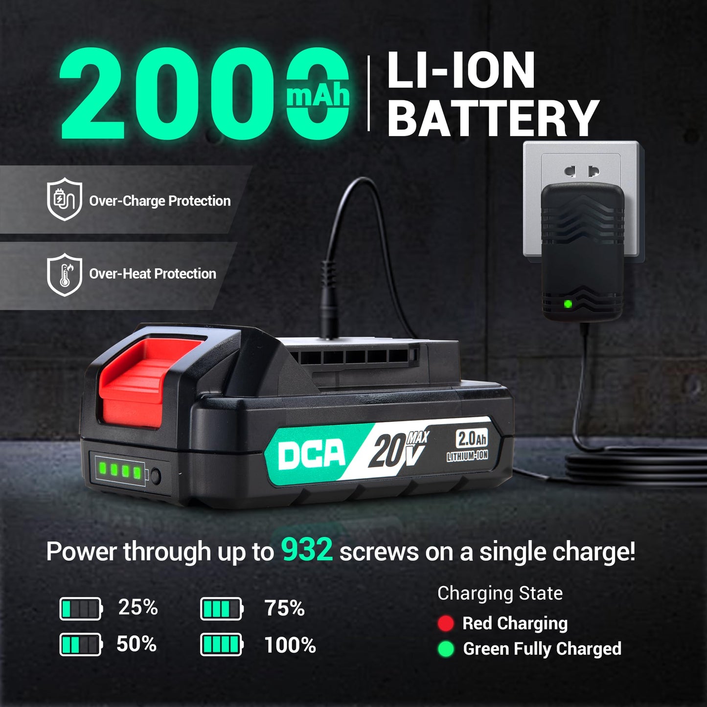 DCA 20V Brushless Hammer Drill Cordless, 492 in-lb Torque Impact Drill, 1/2" All-Metal Keyless Chuck,18+1+1, (0-450/0-1800RPM), 27000 IPM, Compact Design with 2.0Ah Battery & Charger,ADJZ2055i