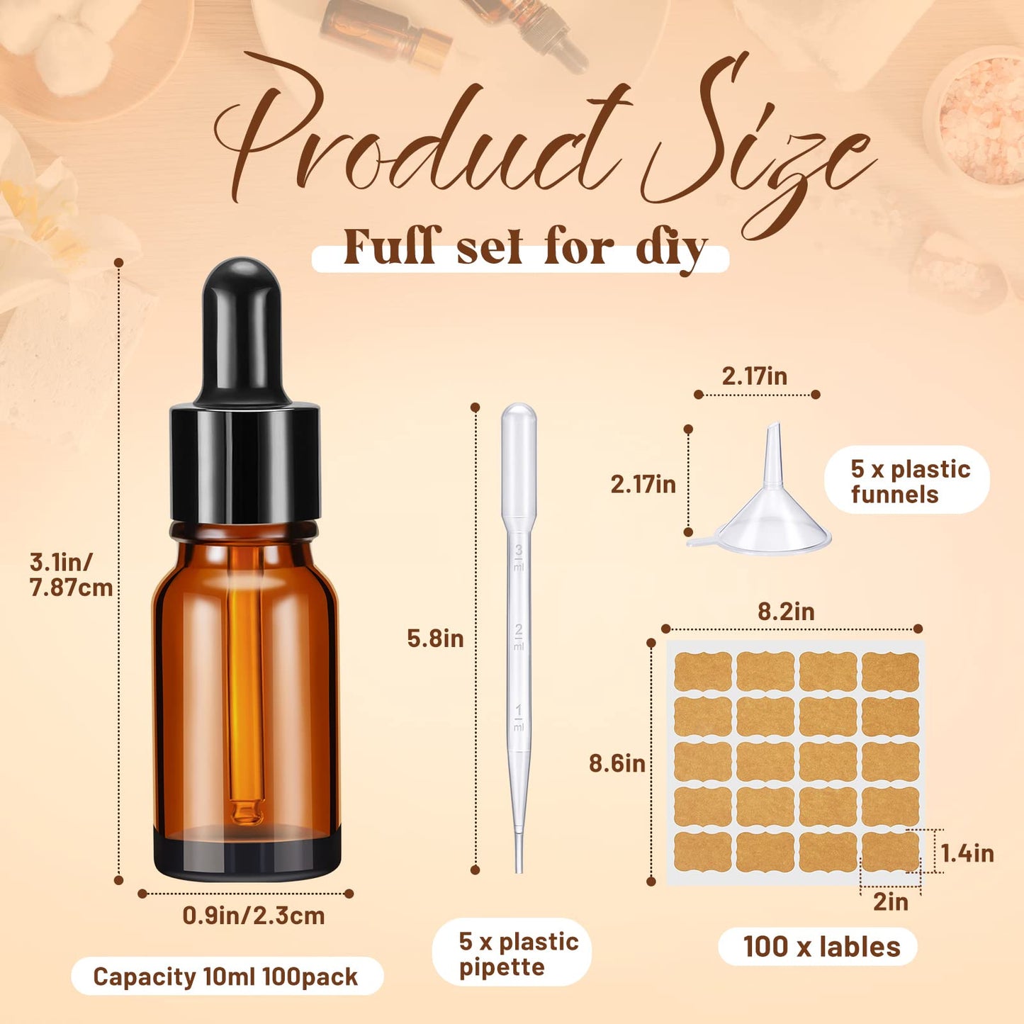 Lallisa 100 Pack Essential Oil Dropper Bottle 10 ml (1/3 Oz) Glass Dropper Bottles DIY for Diy essential Oil Perfume with 5 Funnels 5 Pipettes 3ml 100 Labels for Bathrooms, Hotels, Labs (Amber)