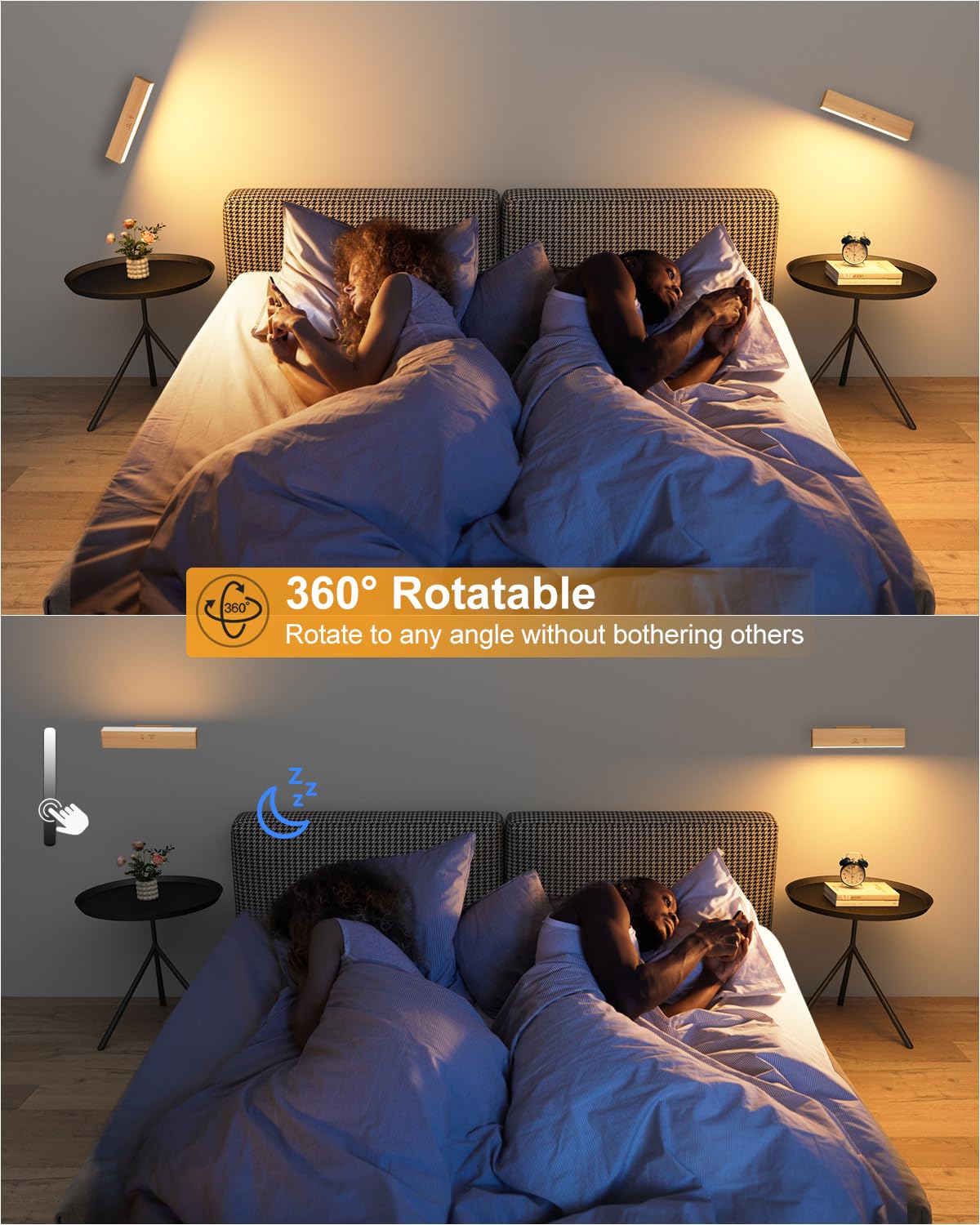 Rechargeable Wood Wall Lights (2 Pack) with Remote & Touch, 5200mAh Battery Operated Wall Sconce with 3 Color Temperatures & RGB. Magnetic, Stick-On, Dimmable Wall Reading Lamp for Bedroom, Picture