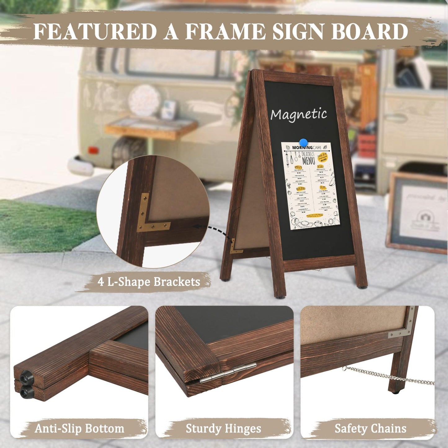 AMUSIGHT Wooden A-Frame Sign, Magnetic 40" x 20" Brown Chalk Board Sign Board, Double-Sided Sandwich Board Signs Outdoor, Chalkboard Easel, Menu Board for Restaurant, Business or Wedding