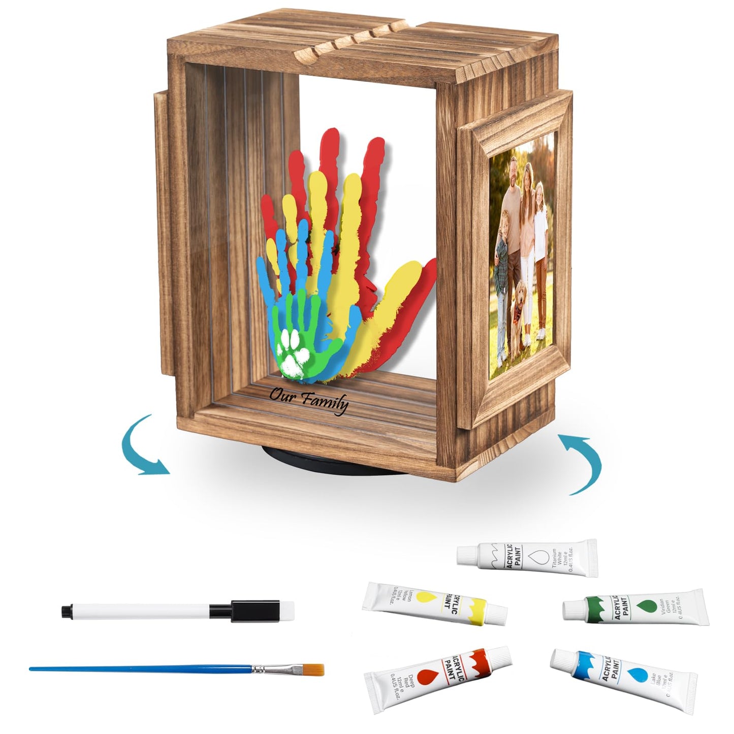 Emfogo 360 Rotating Family Handprint Kit, DIY Craft Keepsake Wooden Frame, Baby Footprint Kit, 5 Paint Colors Included, Non-Toxic Paints&Transparent Sheets, Gifts for Handprint Family Keepsake（Brown）