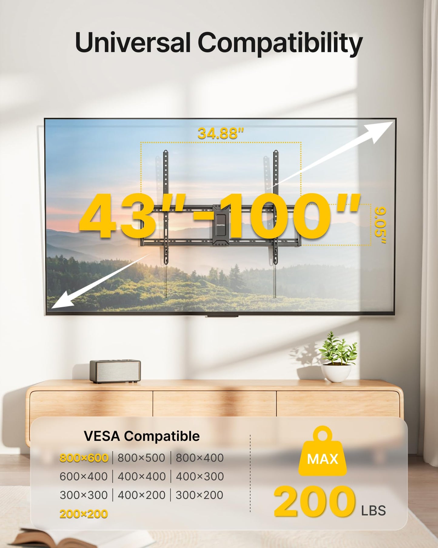 monTEK Heavy Duty Tilt TV Wall Mount for 43–100" Large Flat & Curved TVs, Holds 200 lbs, Ultra Slim Low Profile Bracket with 8° Tilt, Fits 16"/18"/24"/32" Wood Studs, Max VESA 800x600, 4× Load Tested