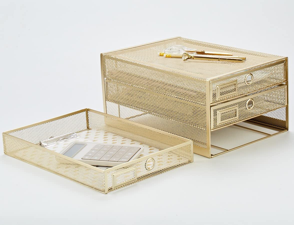 Annova Desk Organizer Wire Mesh 3 Tier Sliding Drawers Paper Sorter/Multifunctional/Premium Solid Construction for Letters, Documents, Mail, Files, Paper, Kids' Art Supplies (Gold)