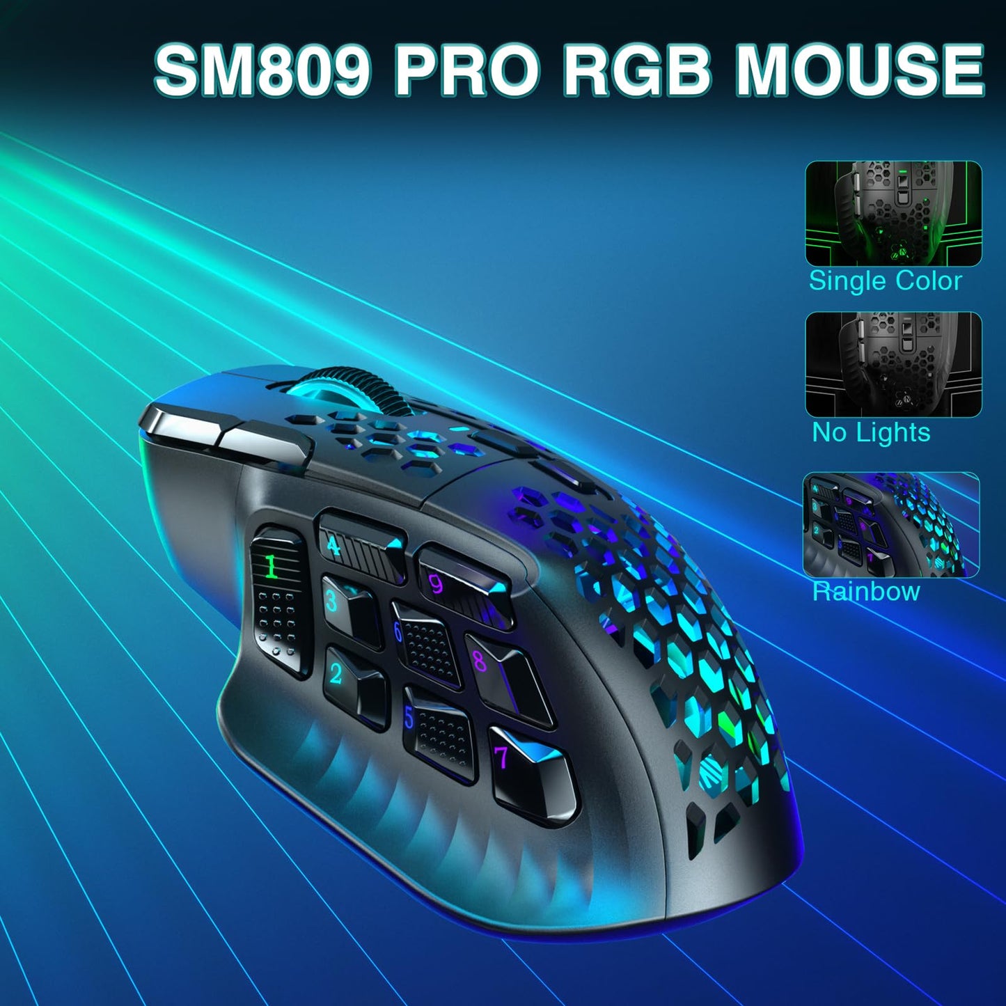 SOLAKAKA SM809 Pro Wireless MMO Gaming Mouse with 9 Side Buttons,24000 DPI,Triple Connectivity (2.4G/BT/Wired) RGB MMO Mouse for Gamer,16 Programmable Macros,Up to 350H Battery Life,Black