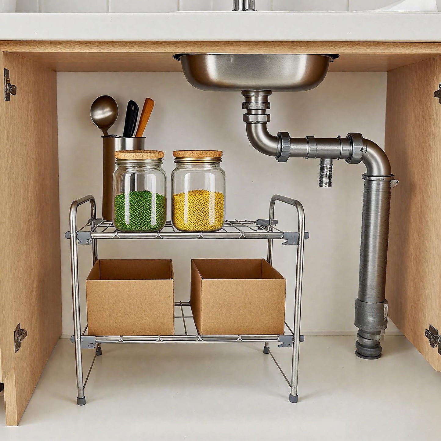 SONWIN Under Sink Organizers and Storage，2 Tier Expandable Under Cabinet Organizer Shelf for Under Kitchen Bathroom Sink Organizers and Storage