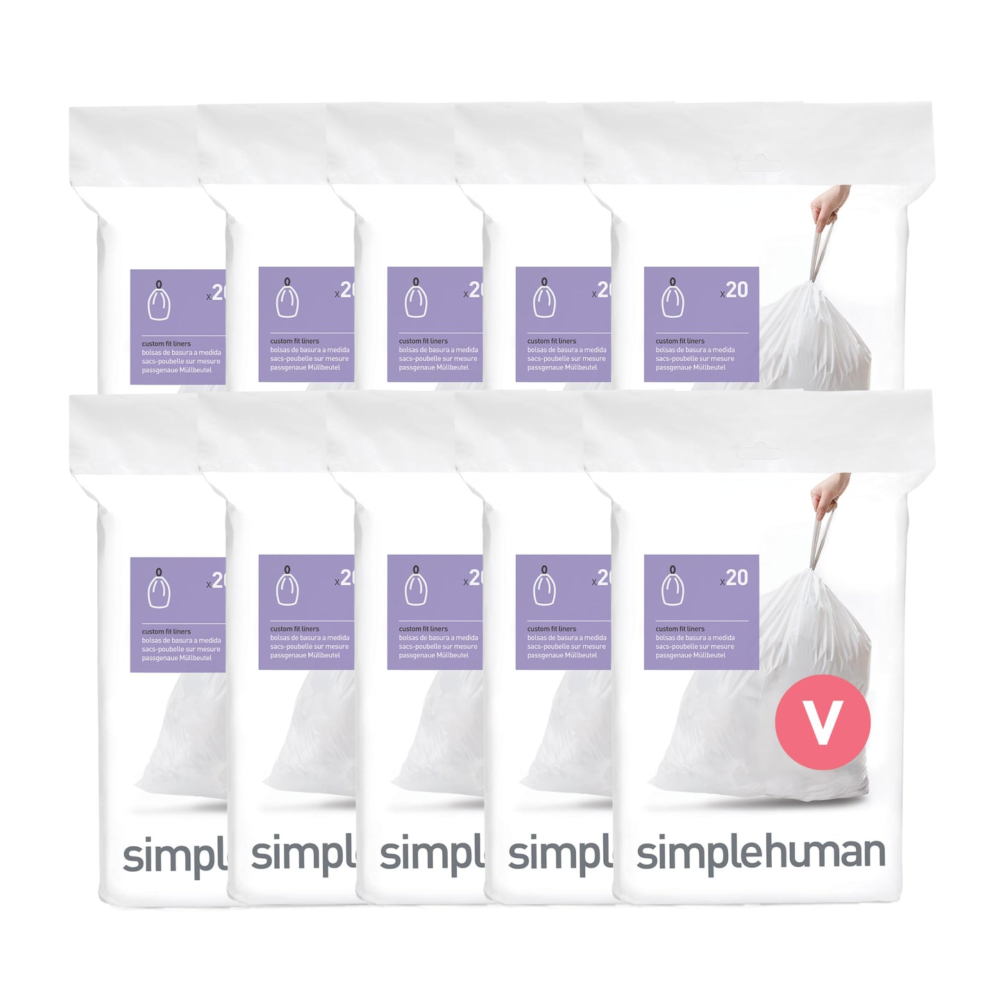 simplehuman Code V 200 Count Custom Fit Liners, Drawstring Kitchen Trash Bags, One-by-One Mess-Free Dispense, Extra Thick & Double Seamed, 50% PCR Plastic, 16-18 Liter / 4.2-4.8 Gallon, White