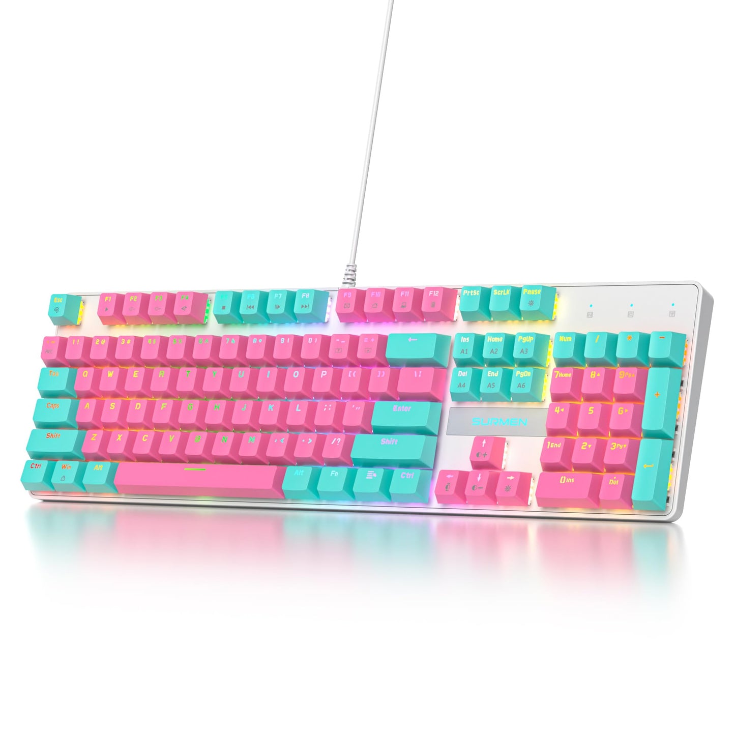 surmen Full Size Pink Creamy Keyboard with Number Pad, 104 Keys RGB Wired Mechanical Gaming Keyboard Backlit with PBT Keycaps Linear Red Switch for Laptop Desktop PC Gamers（104 Miami）