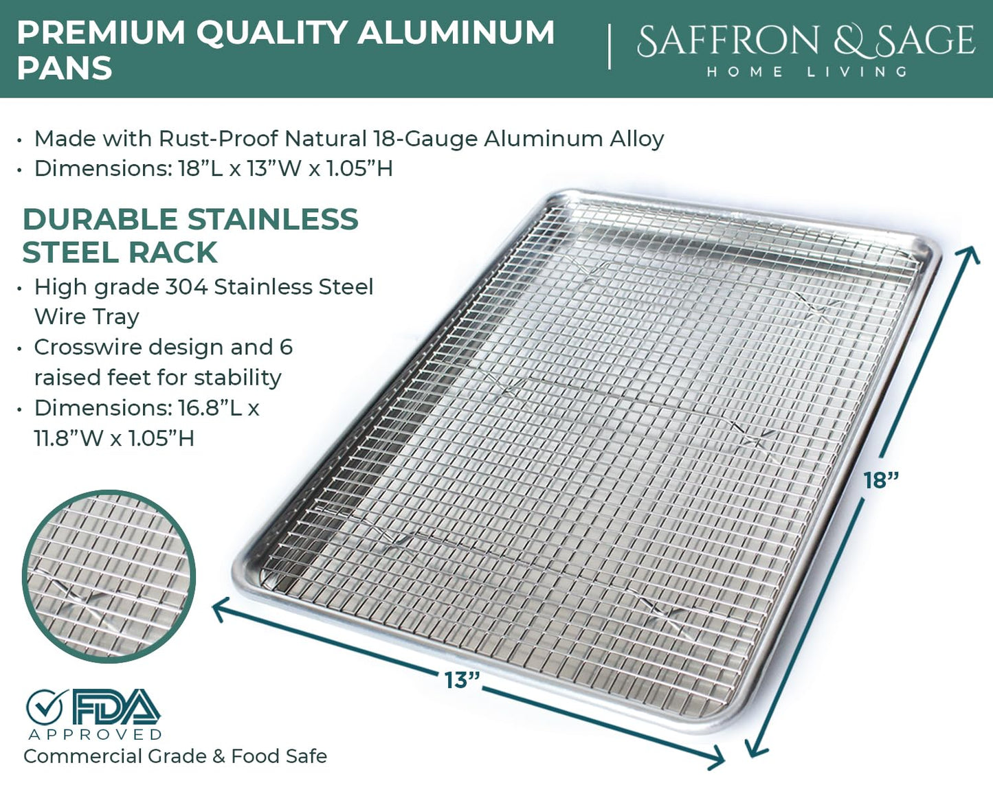 Commercial Quality Cookie Sheet and Rack - Aluminum Half Sheet Baking Pan and Stainless Steel Cooling Rack Set 13x18 Rust & Warp Resistant, Heavy Duty