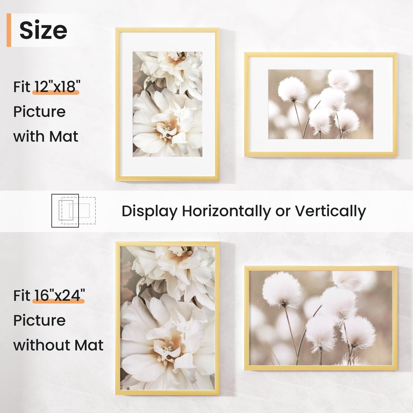 Venusmiles 16x24 inch Picture Frame, 16x24 Photo Frames with 12x18 Removable Mat - High Definition Plexiglass - Vertical and Horizontal Display - Wall Hanging Poster Frame - Gold, 5 Pack