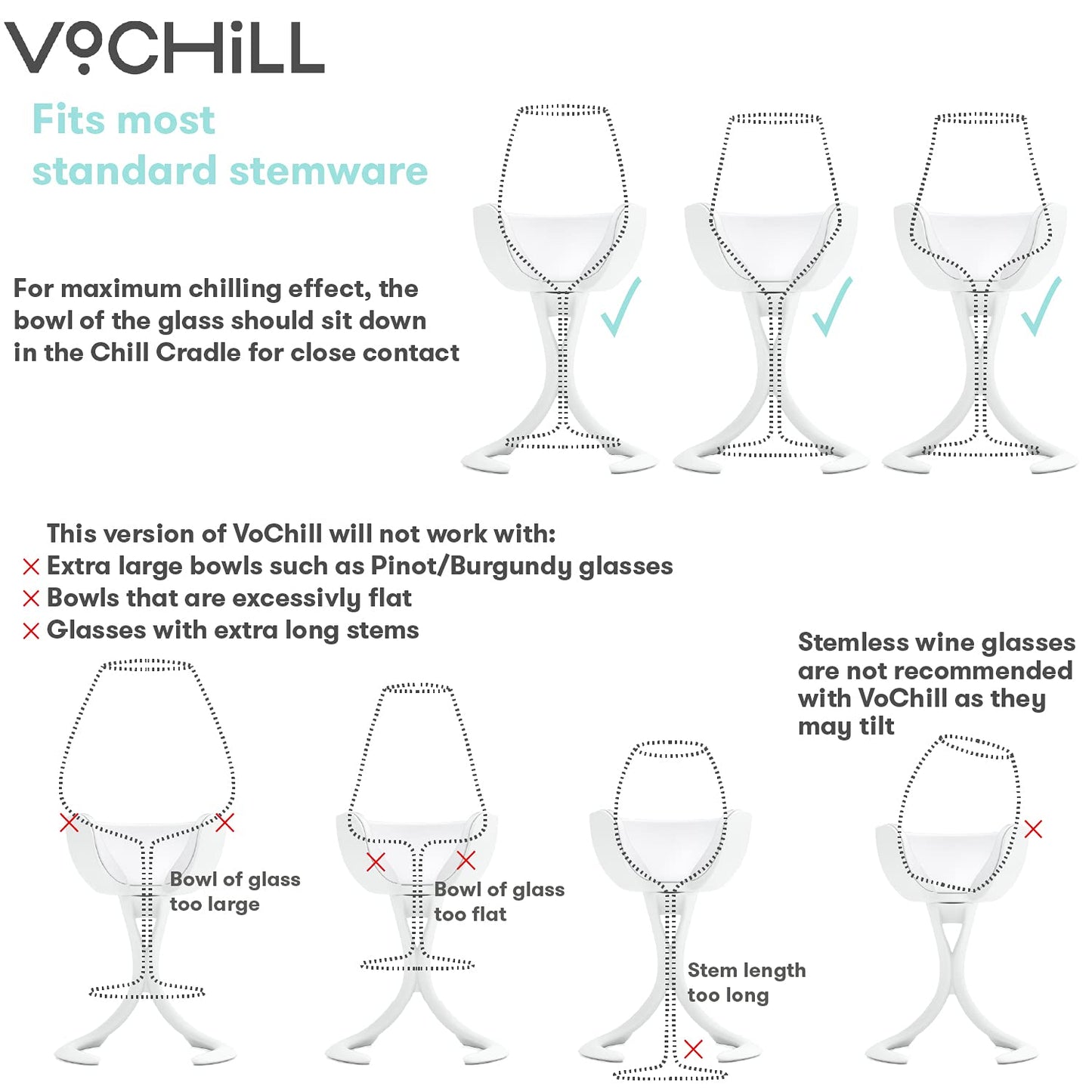 VoChill Stemmed Wine Glass Chiller | Made in USA | Radically cool wine tool – keeps wine perfectly chilled in your glass | Refreezable Chill Cradle actively chills (Sand, Perfect Pair)