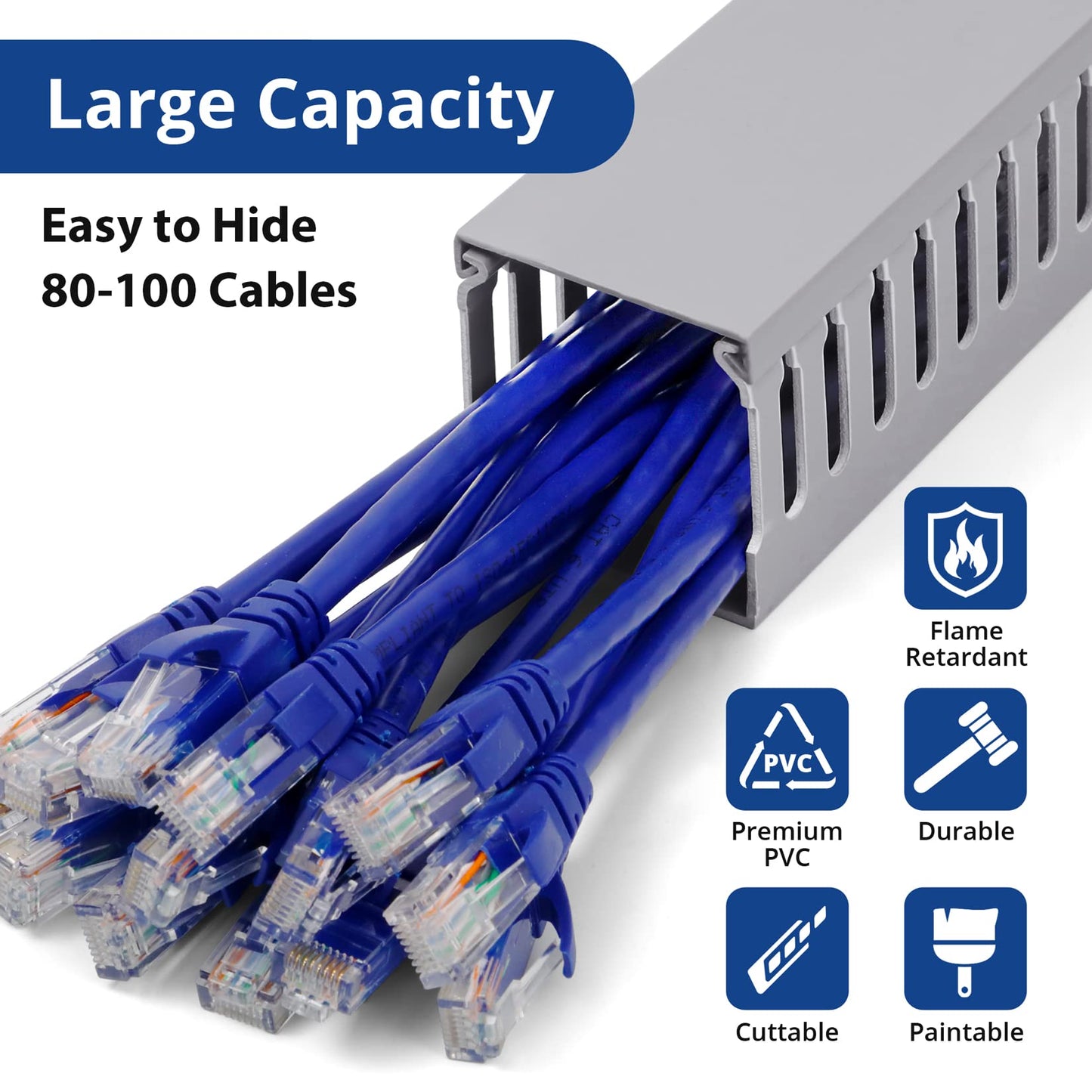 3x3in Cable Raceway, 6.6FT(2xL3.2FT) Large Wire Tray, PVC Cord Hider for Network Cable Management, Wire Raceway Wire Covers for Cords Computer Under Desk, Cord Cover Wall Cable Hider Cable Cover Gray