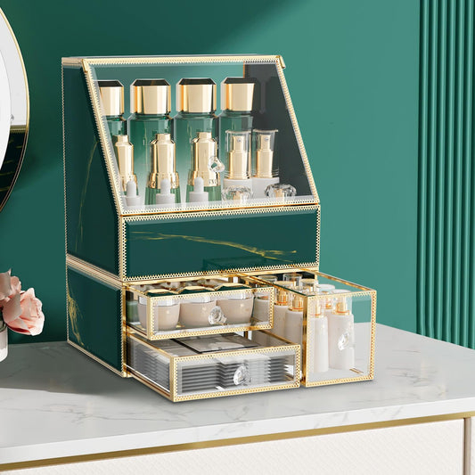 CoralHouse Makeup Organizer Countertop,Green Makeup Organizer with Drawer, Skincare Holder for Bathroom Countertop,Cosmetic Display Case for Dresser.
