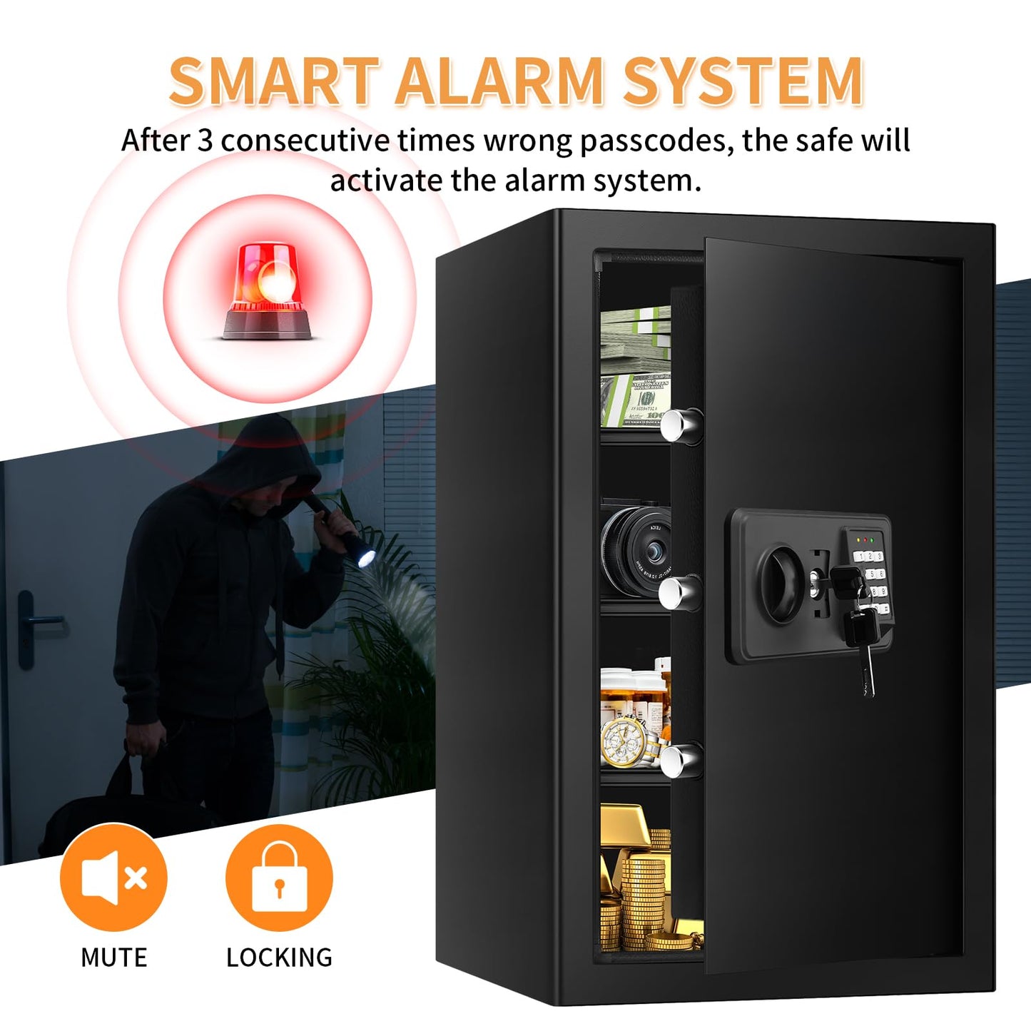 5.0 Cub Large Home Safes Fireproof Wterproof, Anti-theft Fireproof Safe with Programmable Keypad, Spare Keys and Alarm Systerm, Digital Home Security Safe Box for Document Money Medicines