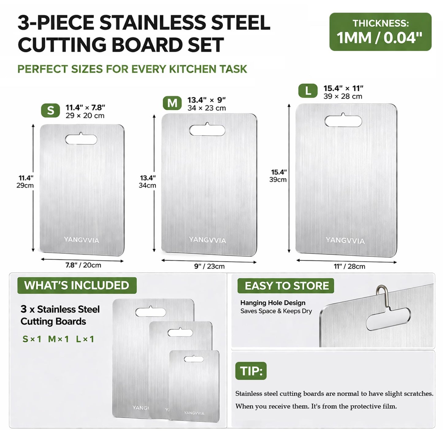 Cutting Board, 316L Food-Grade Stainless Steel Cutting Board Set of 3 | Double-Sided Chopping Board for Kitchen | Dishwasher Safe Work Surface for Meat, Vegetables, & Fruit | Ideal Gift (S+M+L)