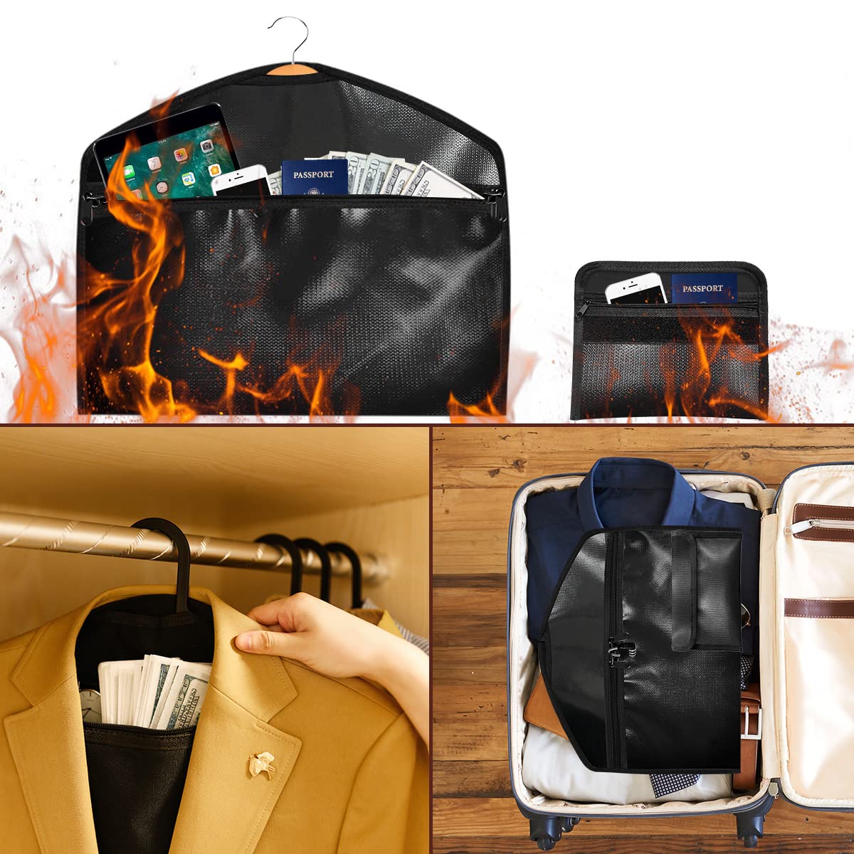 Sdstone Hanger Diversion Fireproof & Waterproof Safe with Lock and Small Fireproof Bag, Hidden pocket safe hanger, Under Hanging Clothes with Pocket to Hide Valuables for Travel or Home,2 Pack