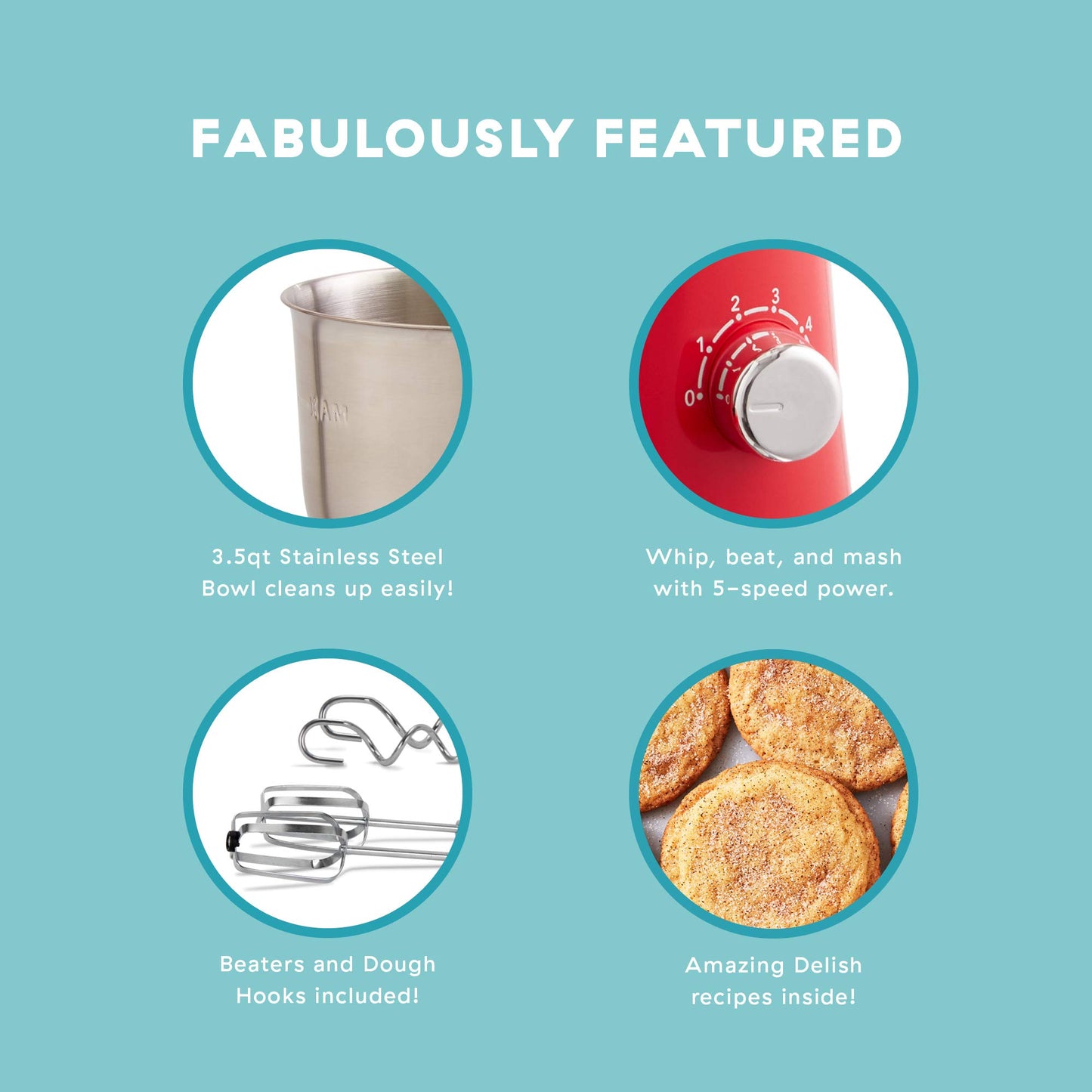 DASH Delish by DASH Compact Stand Mixer, 3.5 Quart with Beaters & Dough Hooks Included - Red