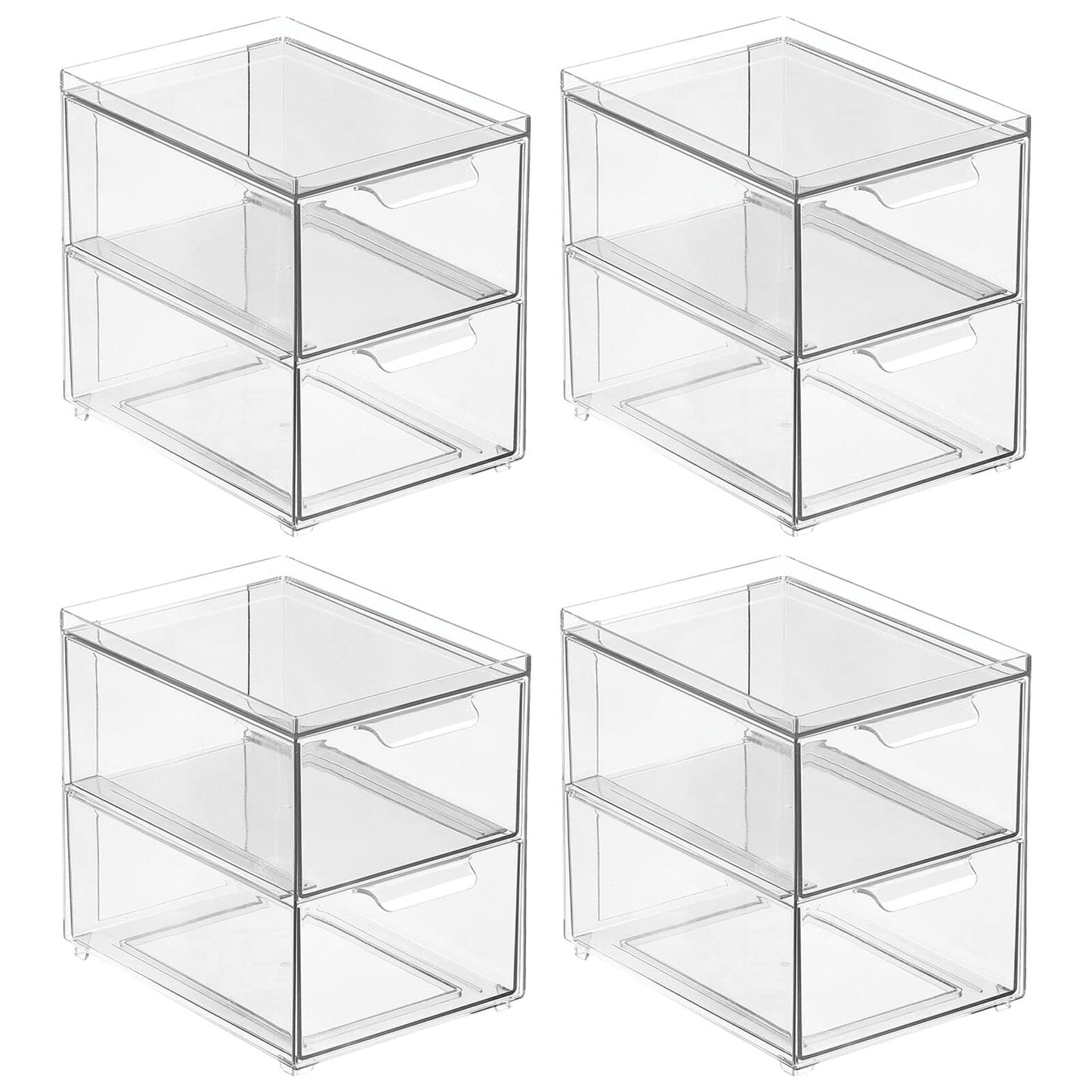mDesign Stackable Storage Containers Box with 2 Pull-Out Drawers - Stacking Plastic Drawer Bins for Kitchen Pantry and Cupboard, Cabinet, Counter, Island and Tables - Lumiere Collection, 4 Pack, Clear