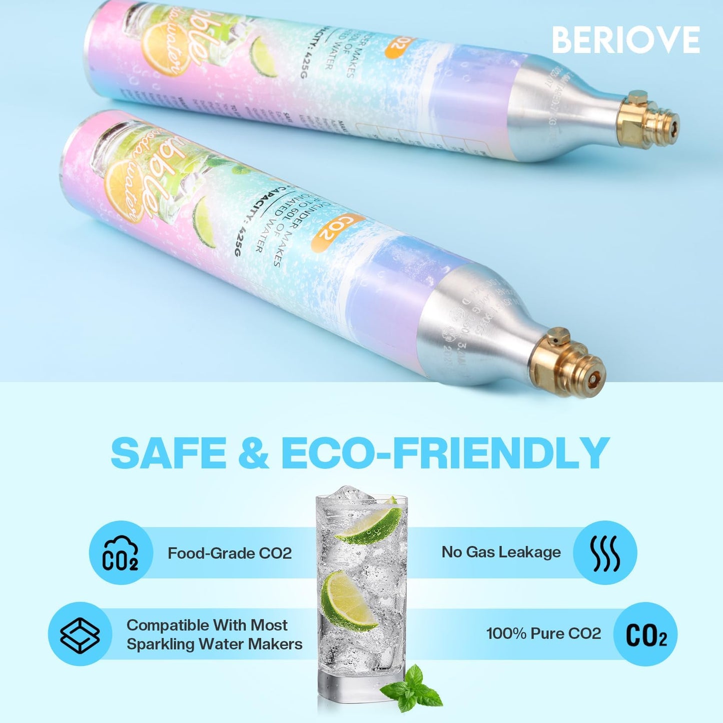 BERIOVE CO2 Cylinders Refill 60L: Threaded CO2 Cartridges for Screw-In Soda Makers Sparkling Water Machines (2 Pack)