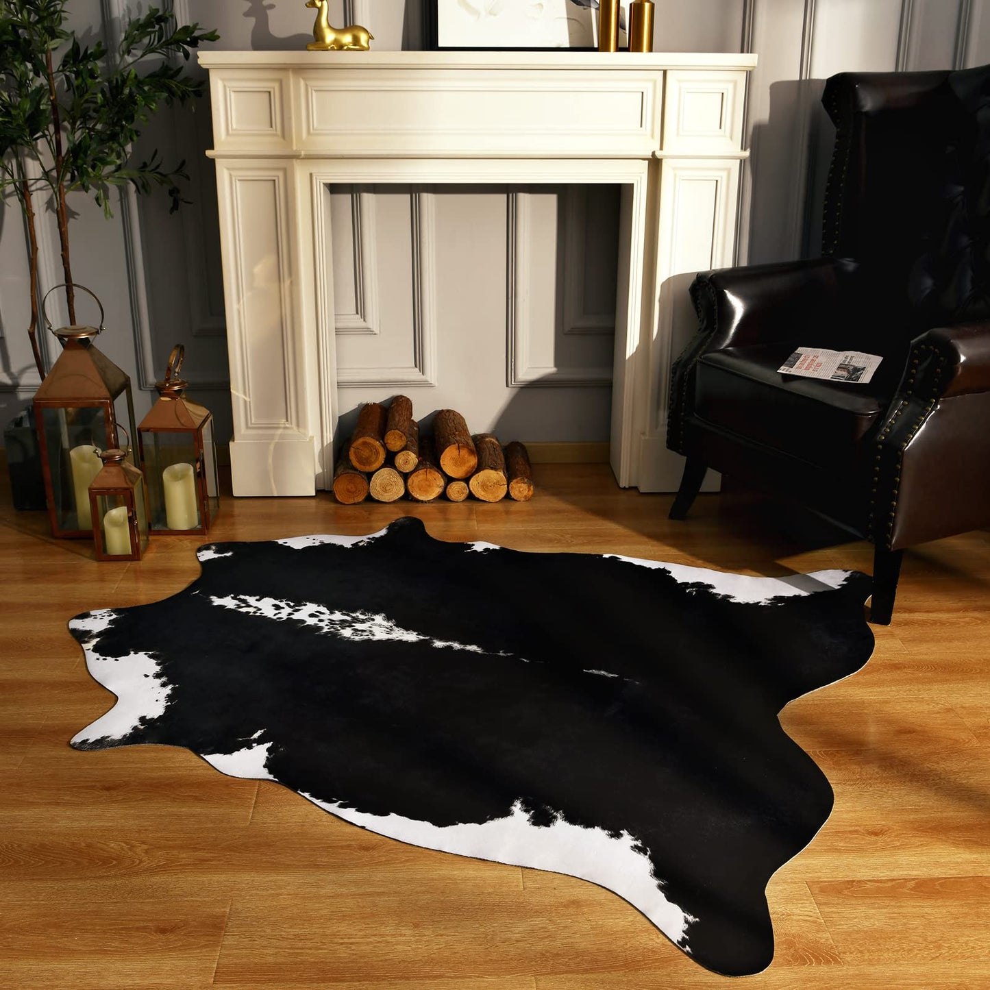 BENRON Premium Cowhide Rug Black, Faux Cow Hide Rugs for Living Room Bedroom Western Home Decor, Non Slip Cute Rug with Irregular Animal Skins and Hides, 5.2 x 6.2ft