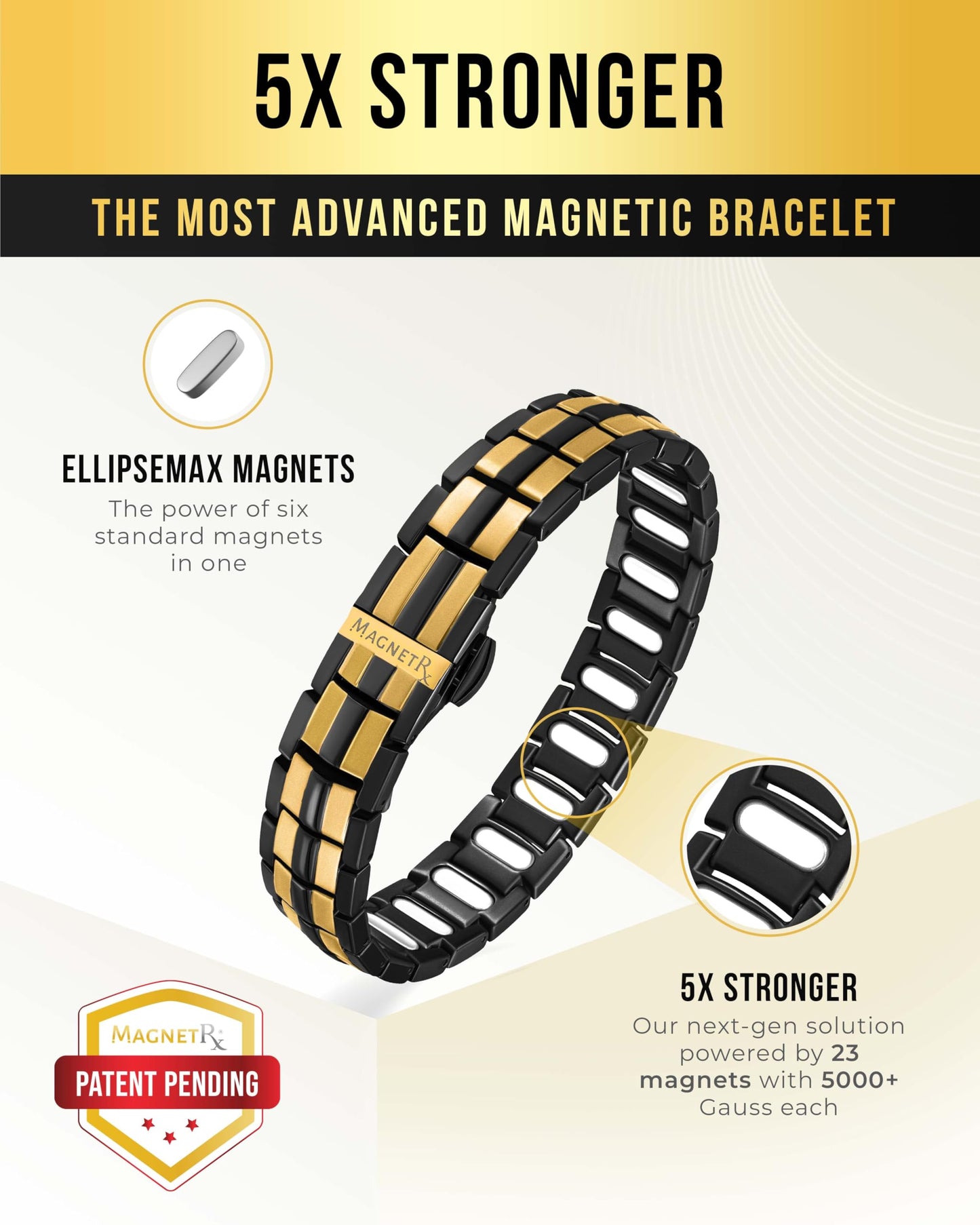 MagnetRX® Magnetic Bracelets for Men — EllipseMAX 5X Strength 5,000 Gauss Magnets — Designed in USA & Patent Pending — Premium Titanium Mens Magnetic Bracelet & Adjustable Length (Black/Gold)