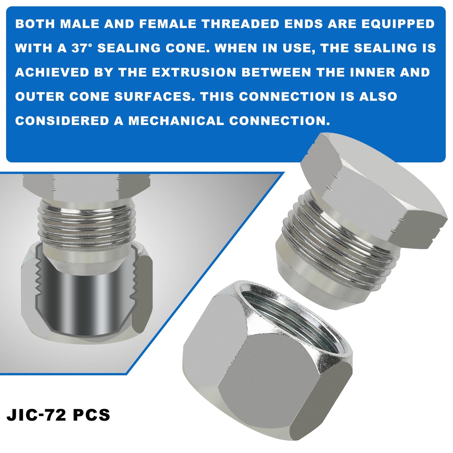 ANCIMOON 72PCS JIC Cap and Plug Set, 37 Degree Flare Threads Hydraulic Hose Fittings, Carbon Steel, Size 4 6 8 10 12 16